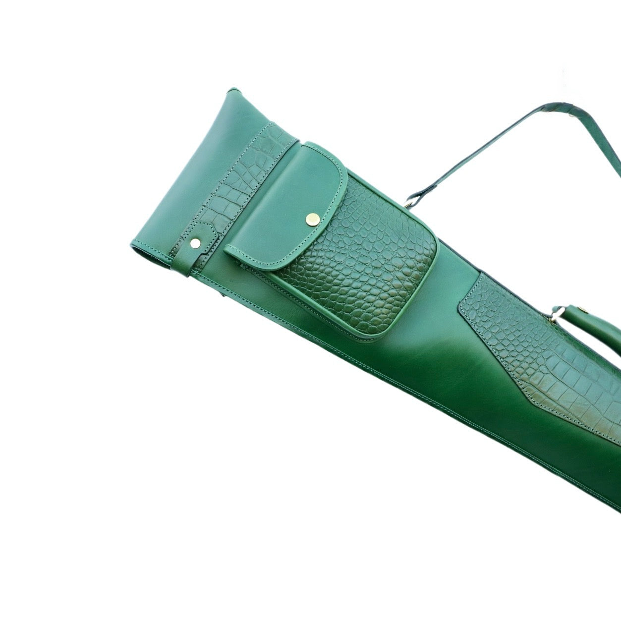 Green leather gun slip case with a crocodile texture on a white background