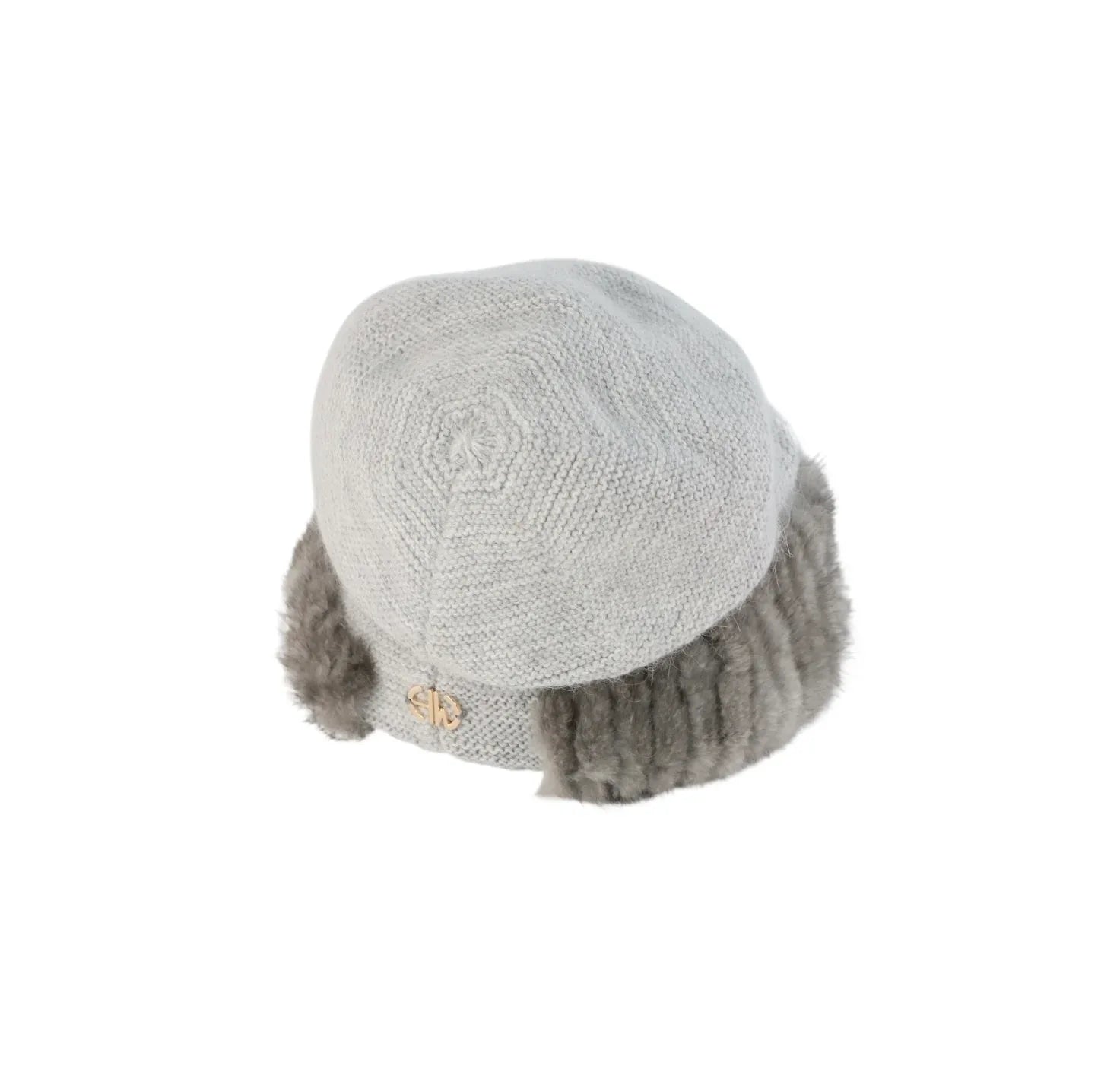 Gray knit beanie with fur trim on a white background