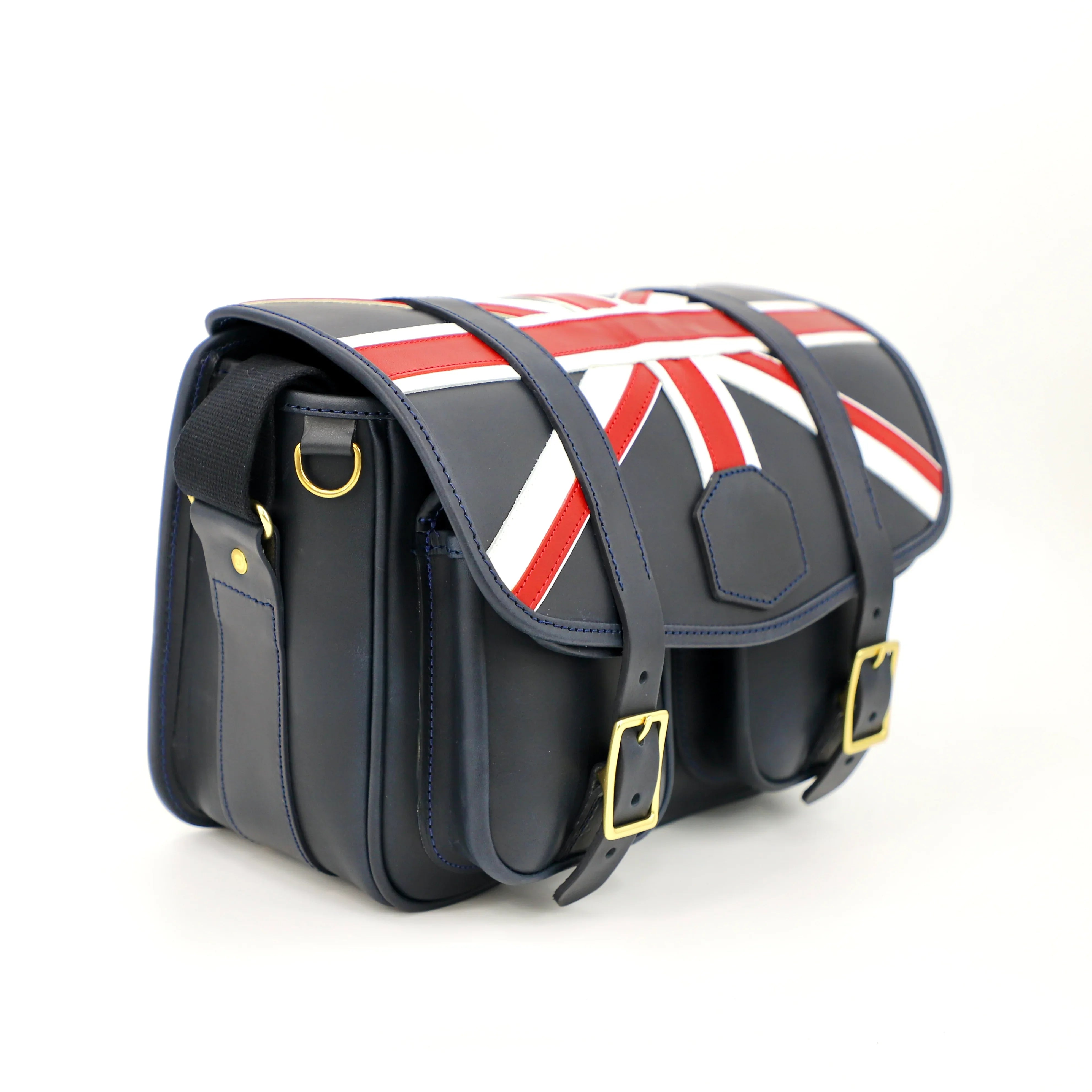 shooting cartridge bag side facing view, bag has union jack flag on flap