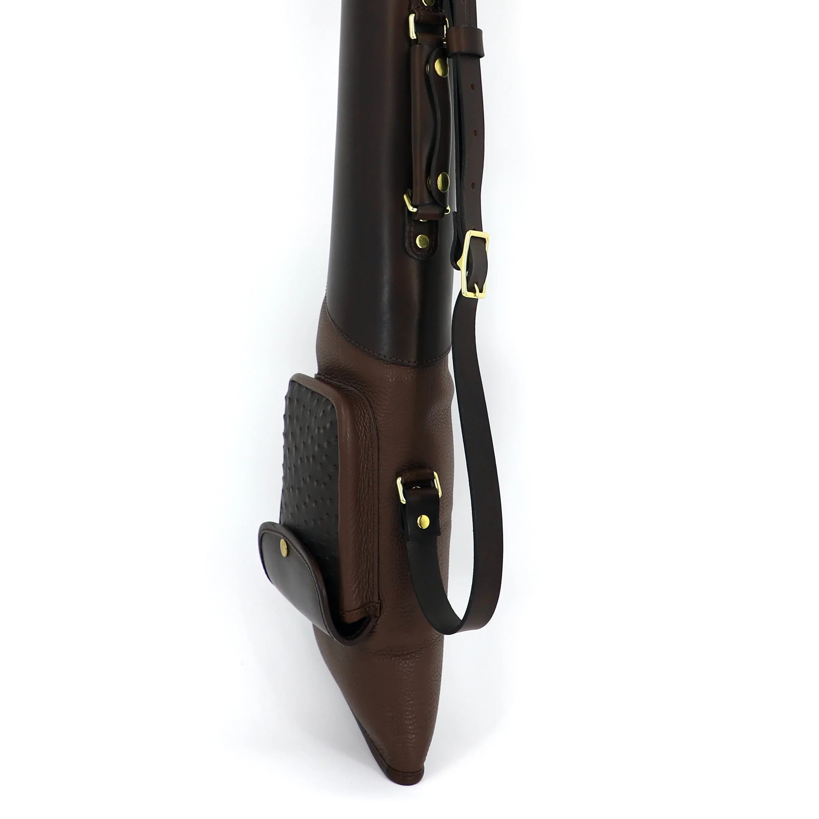 chocolate coloured gunslip and darker ostrich pouch underneath side view
