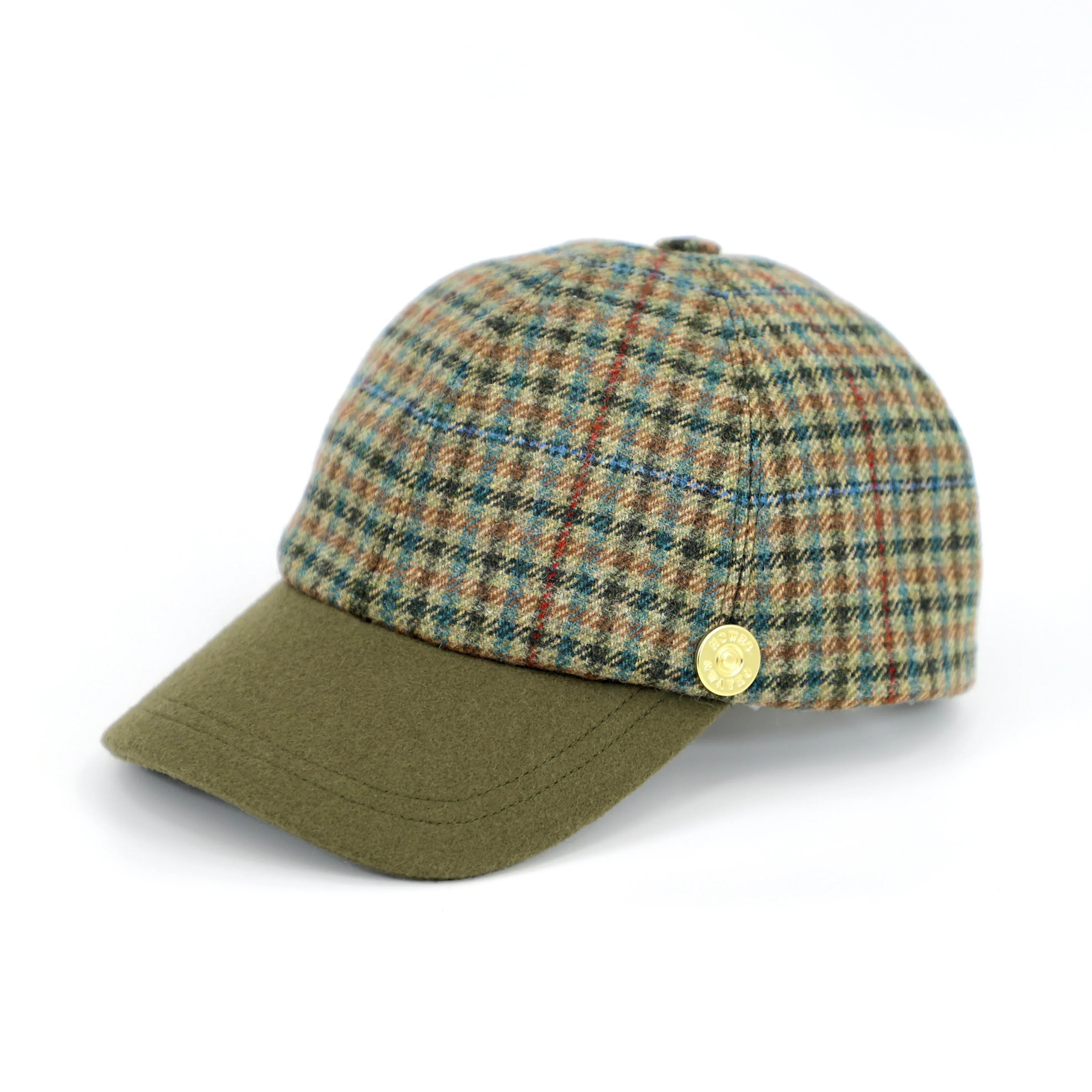 sage and red-checked British tweed side view