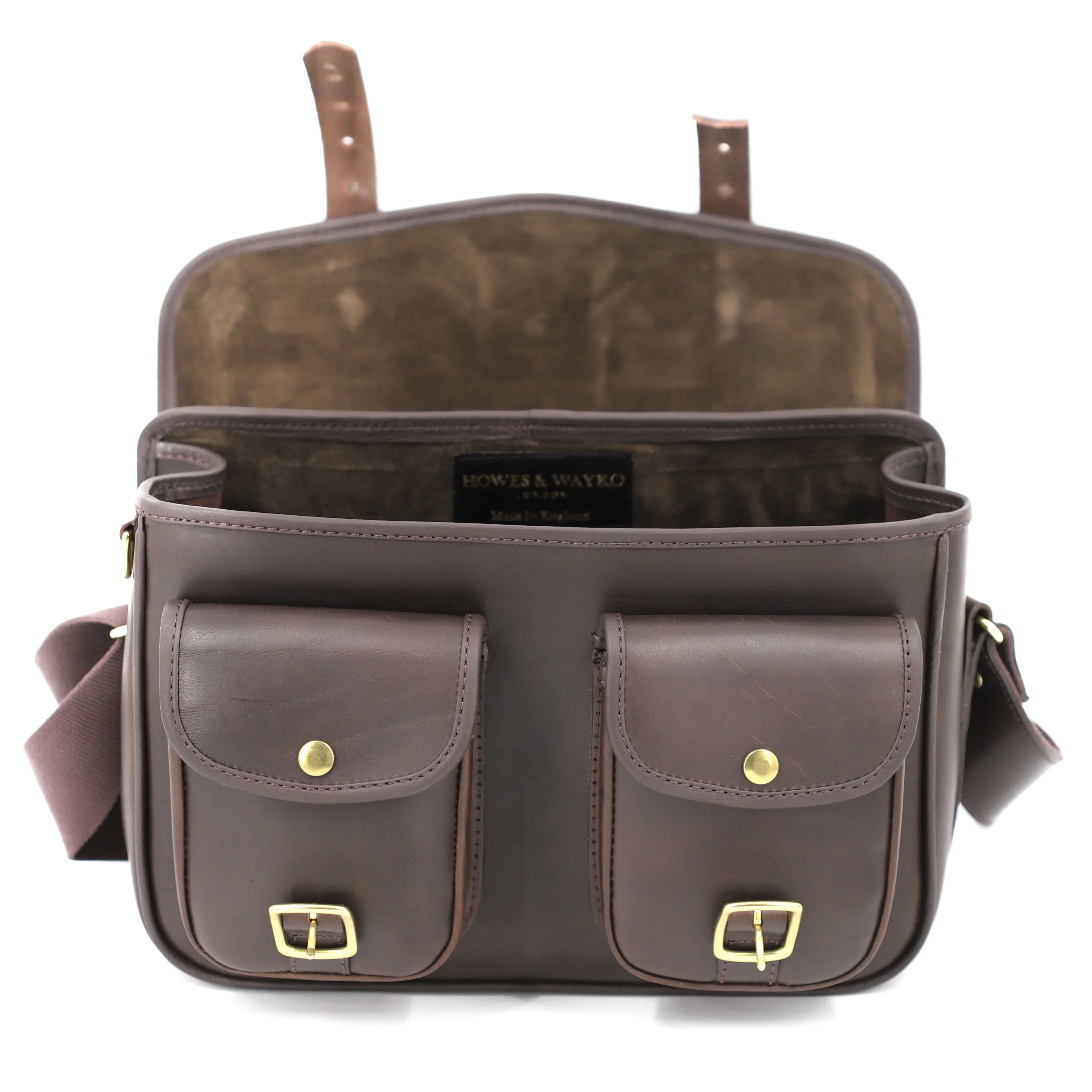 British Made Hera Madison Brown - Shooting Cartridge Bag front view open buckles
