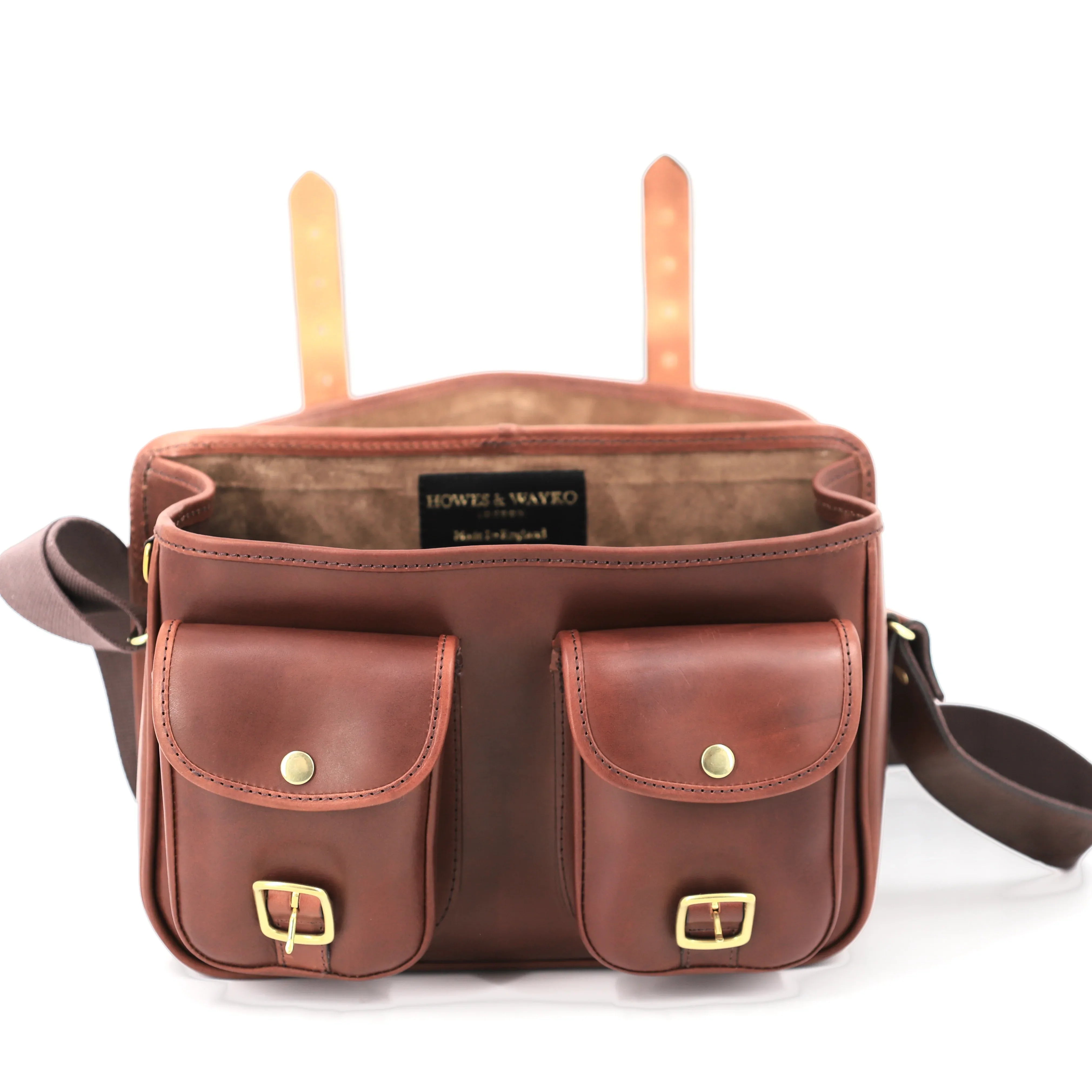 British-Made Hera Papaya Shooting Cartridge Bag open front view