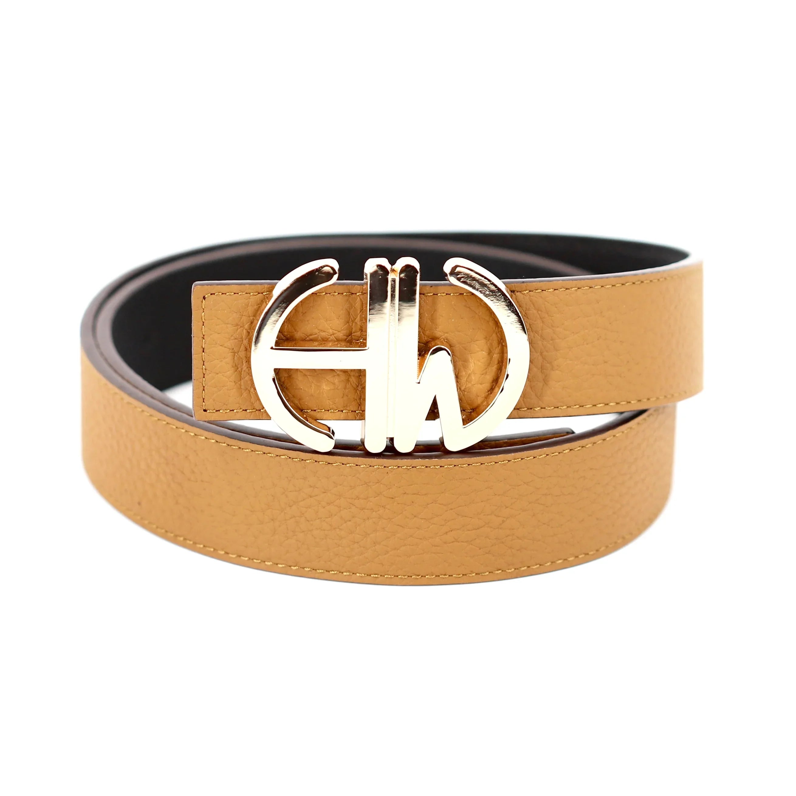 Diana Tan - Women's Reversible Belt close up of tan and dark double sided belt