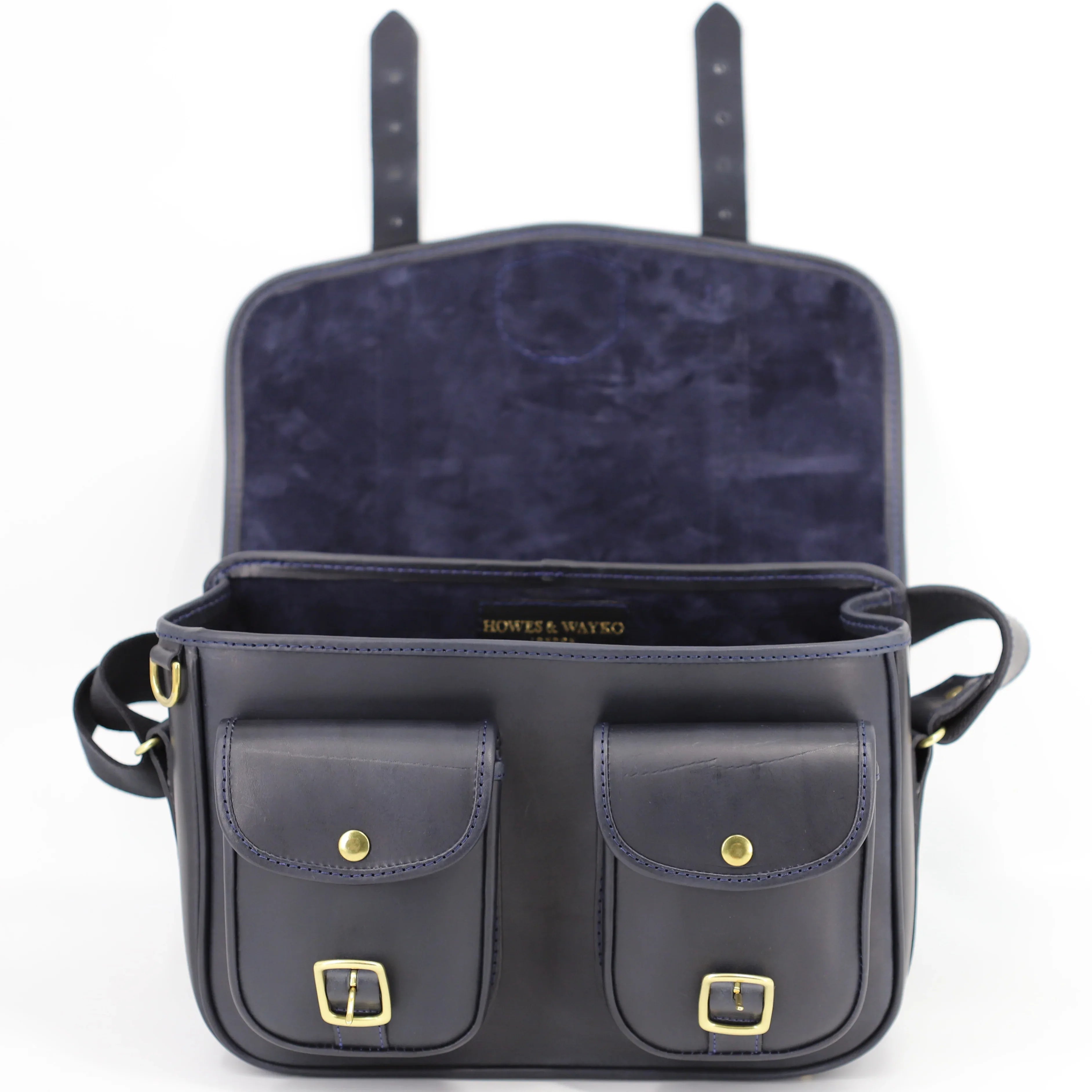 BRITISH MADE HERA SPACE BLUE CARTRIDGE BAG FRONT VIEW OPEN FLAP