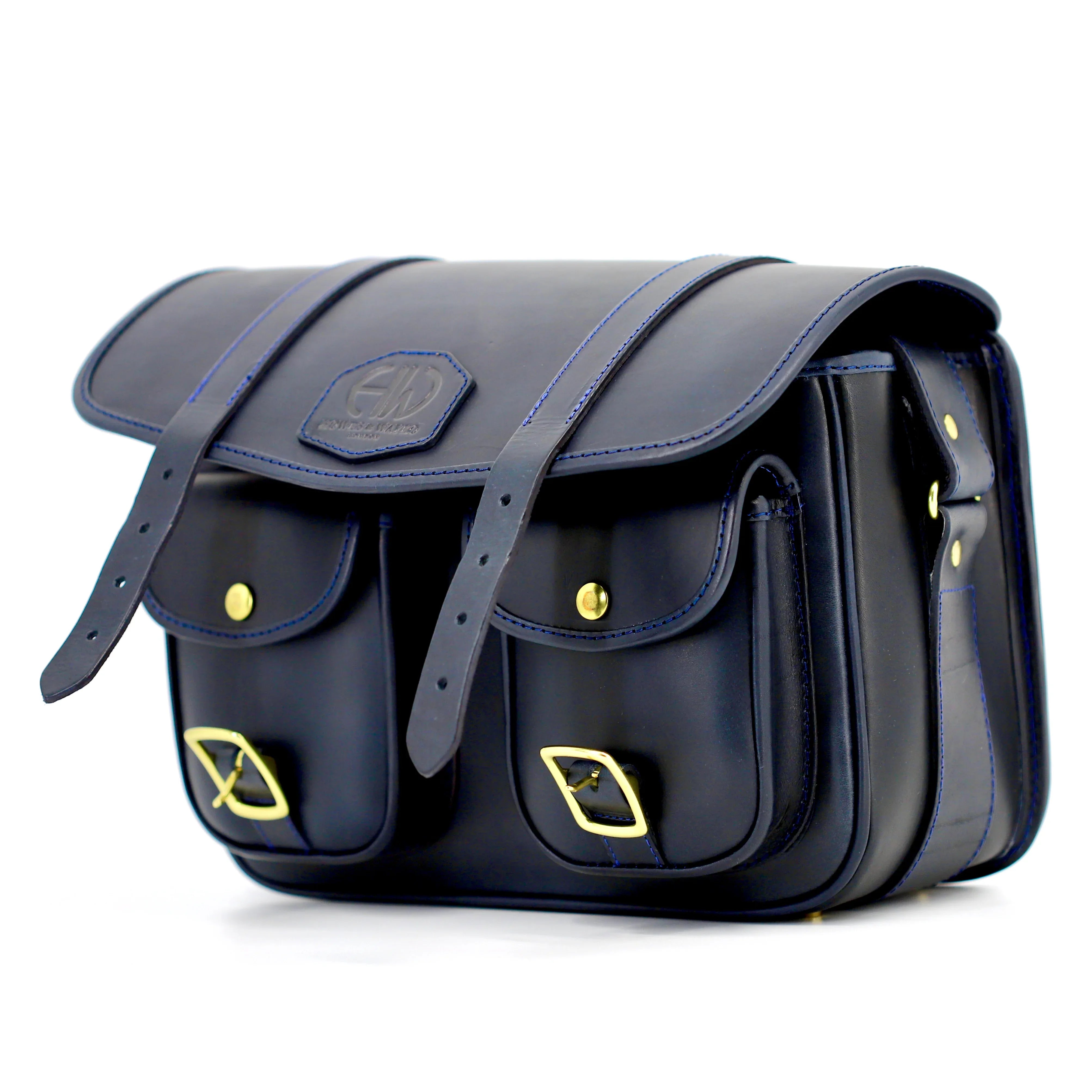 BRITISH MADE HERA SPACE BLUE CARTRIDGE BAG SIDE VIEW WITH UNBUCKLED LATCHES
