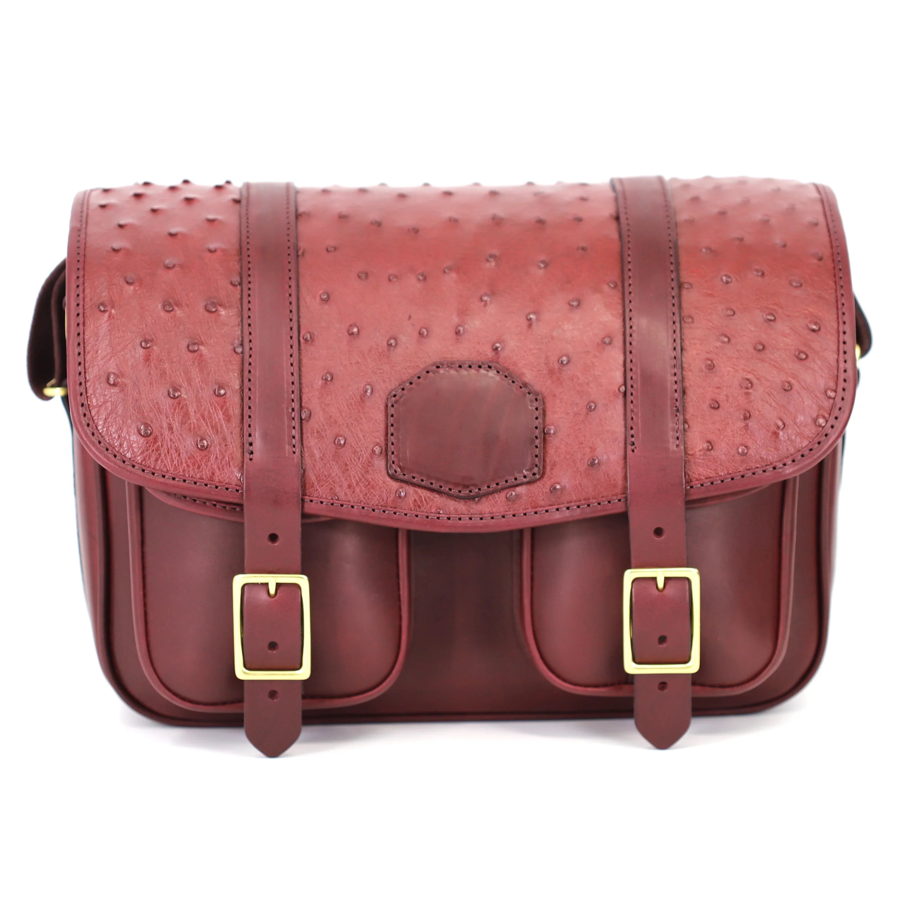 BRITISH MADE HERA ANABEL GARNET OSTRICH CARTRIDGE BAG FRONT VIEW
