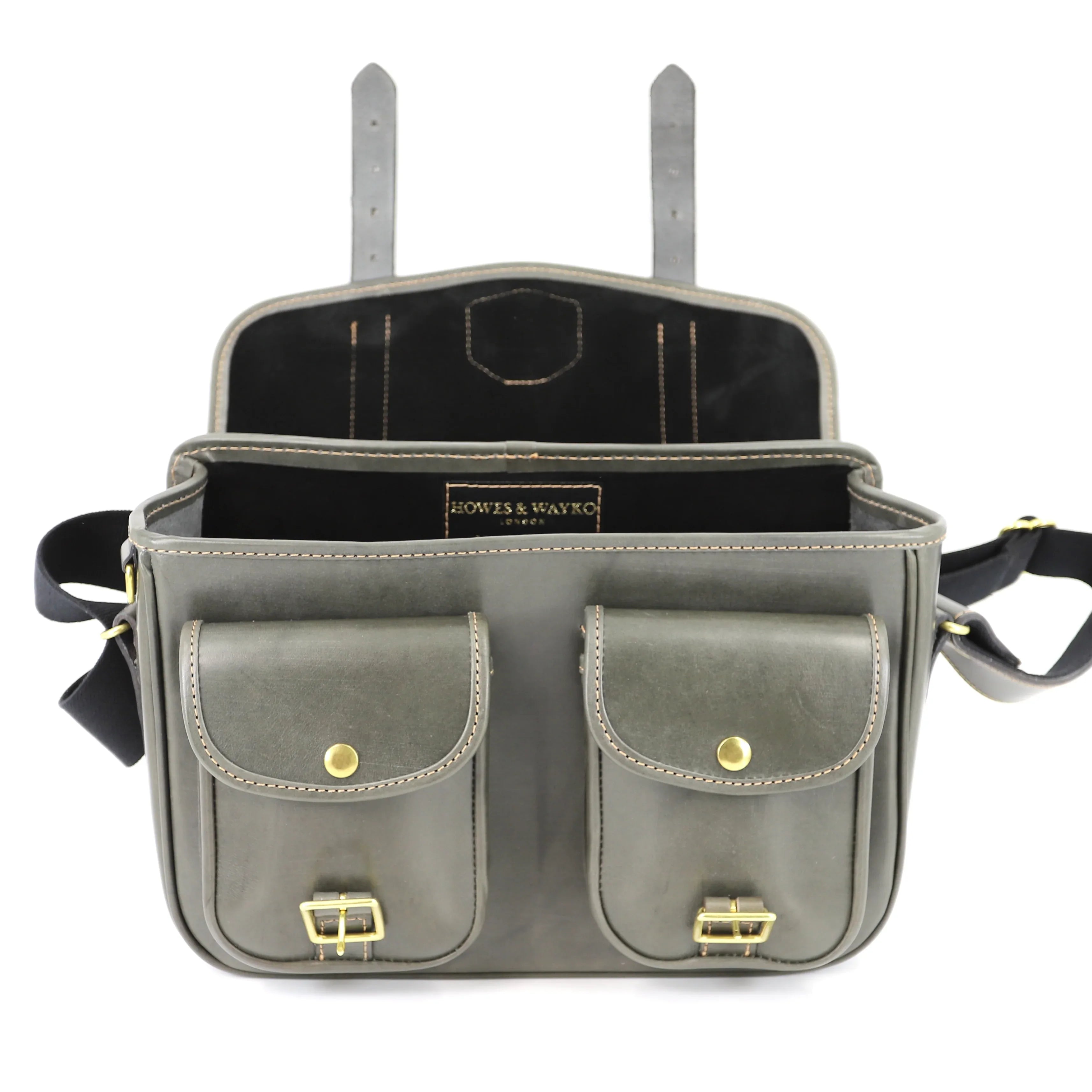 British Made Hera Lea Grey - Leather Shotgun Cartridge Bag front view open/unbuckled