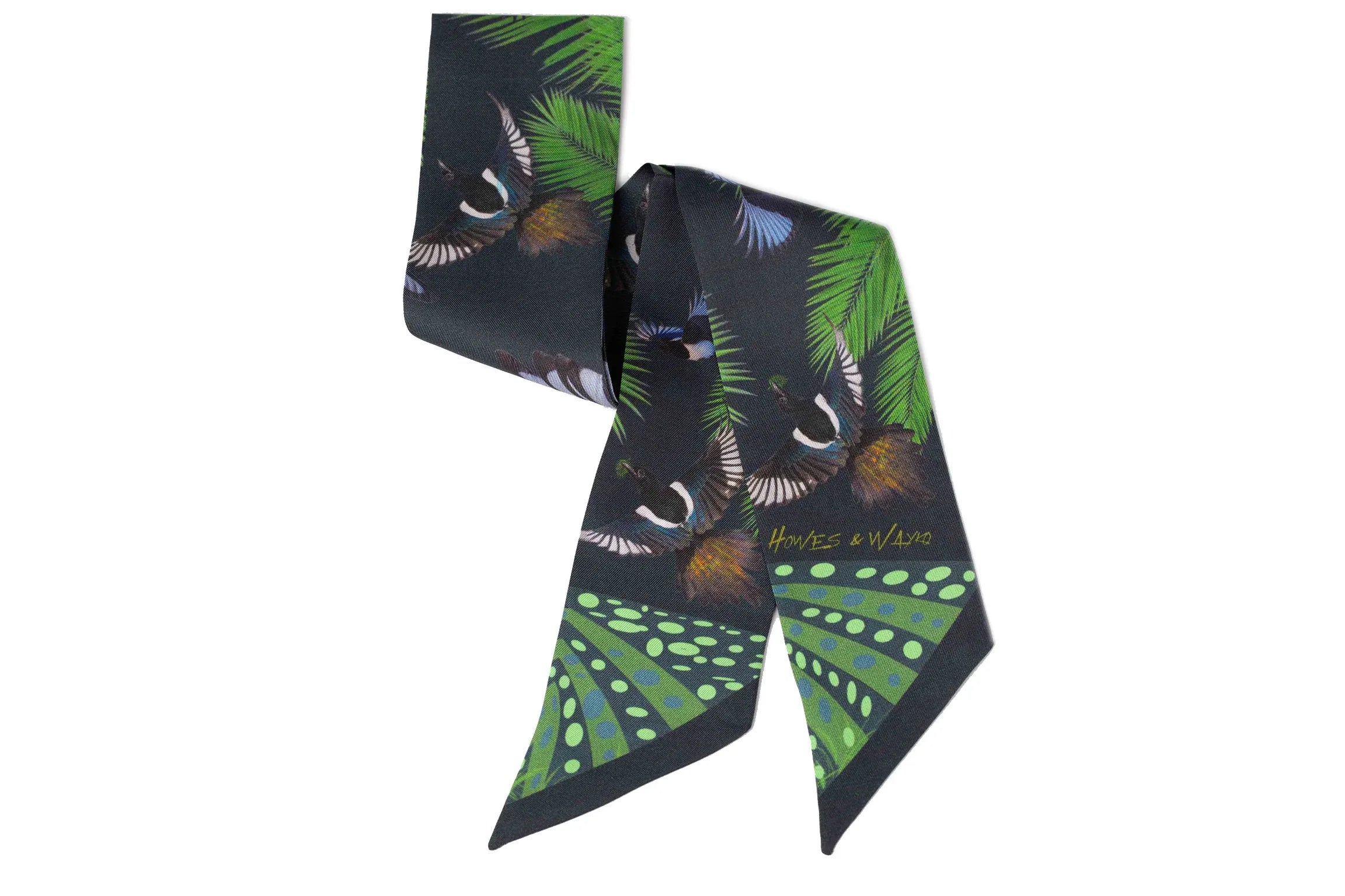 Brielle Twill Scarf - Elegant Women's Scarf birds and flowers decoration on scarf close up and folded view