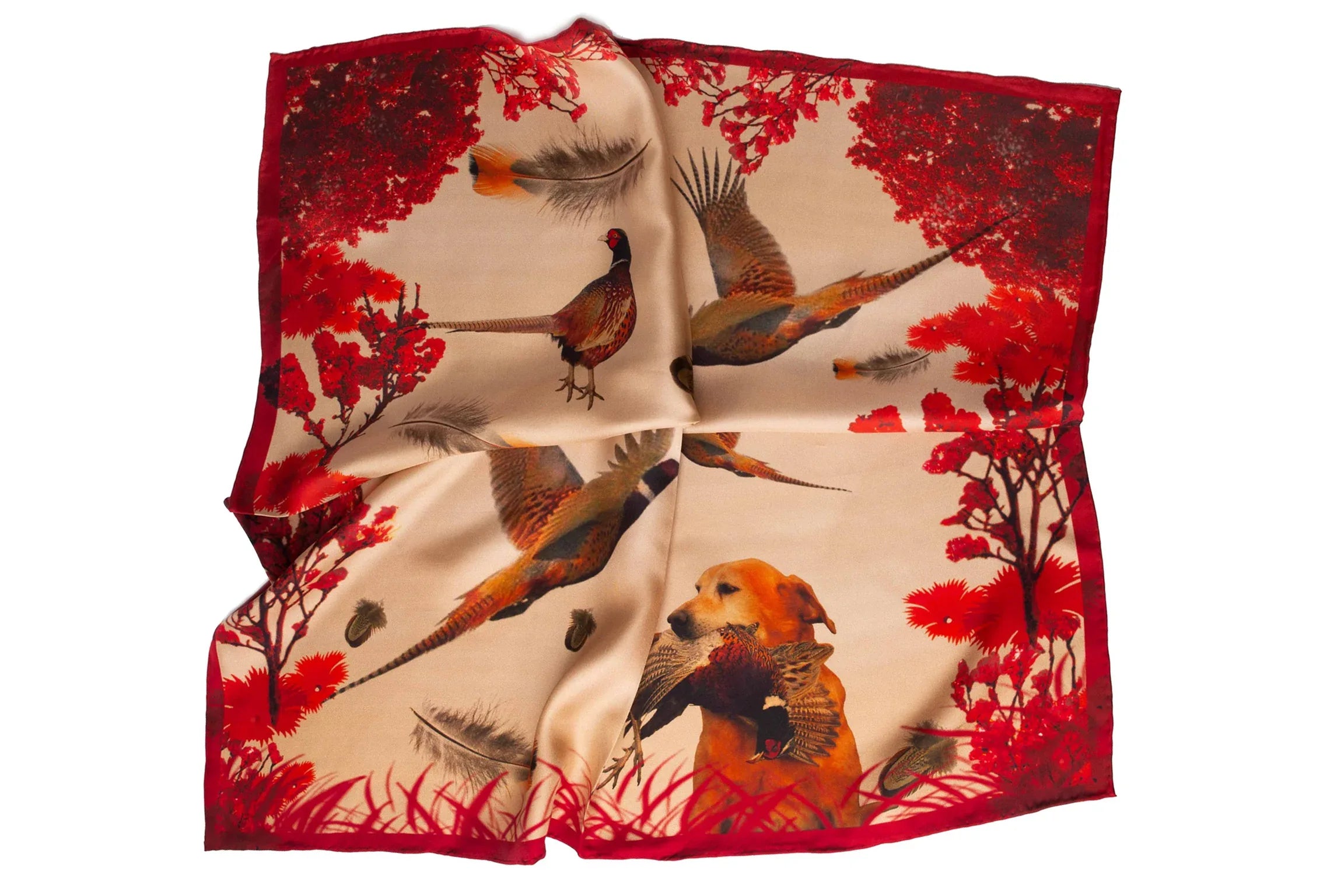 Elsa Scarf - Ladies Shooting Scarf design on scarf includes birds, animals feathers and trees in line with country sports