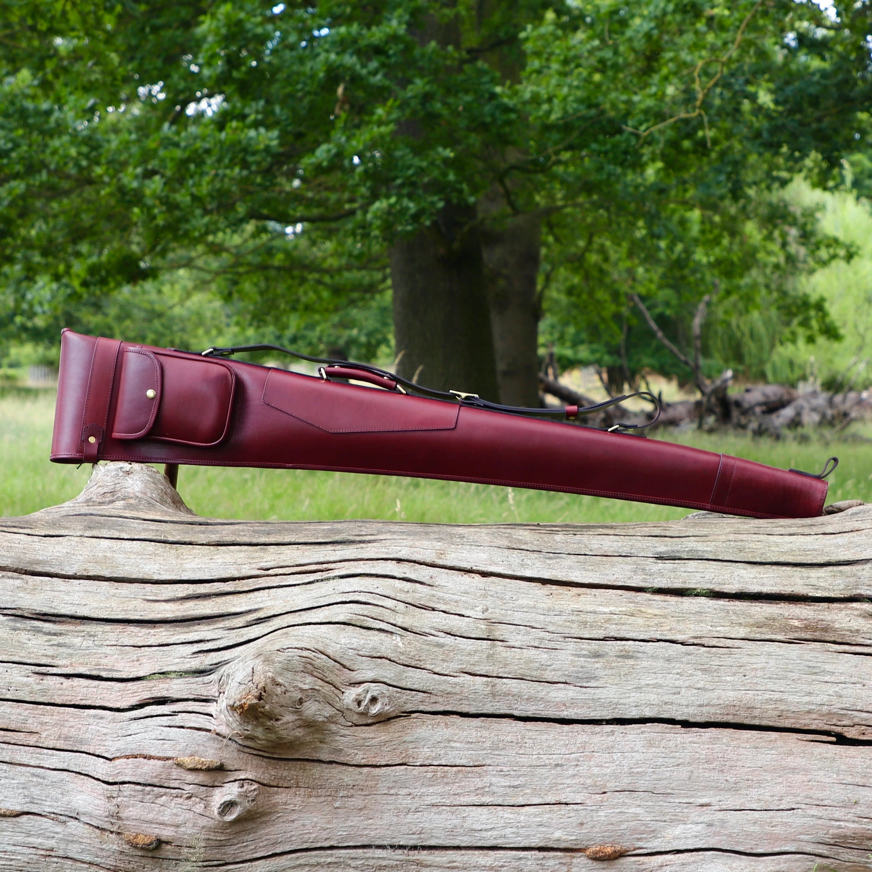 ate gunslip resting on a wooden log outdoors