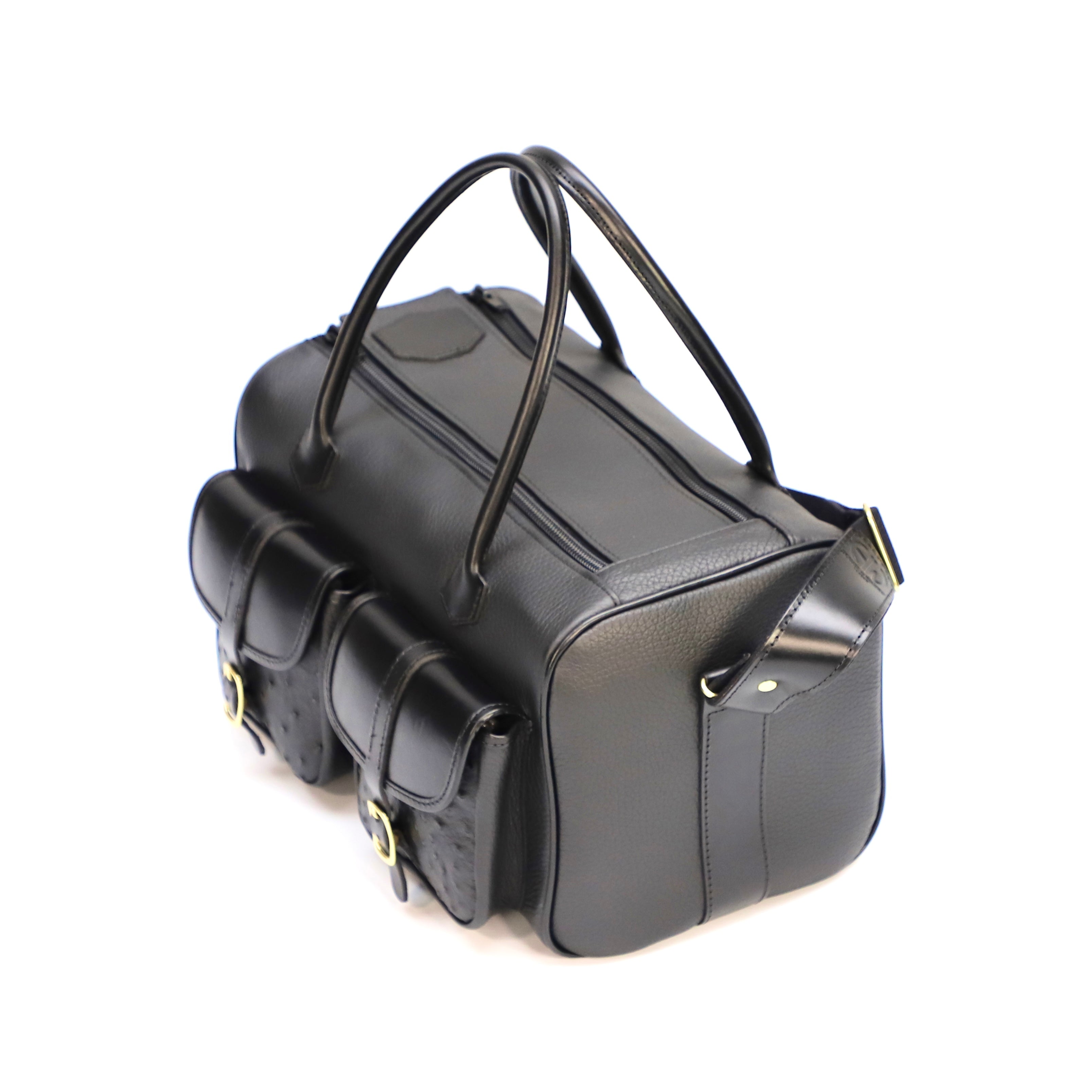 Shooting bag - FREYA GREEN OSTRICH bag with brass buckle showcased on white background
