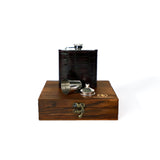6oz Stainless steel flask, covered in brown  embossed leather, displayed on a wooden gift box displaying Howes and Wayko logo