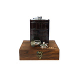 Brown leather flask with silver components on a wooden base with a Howes and Wayko logo.