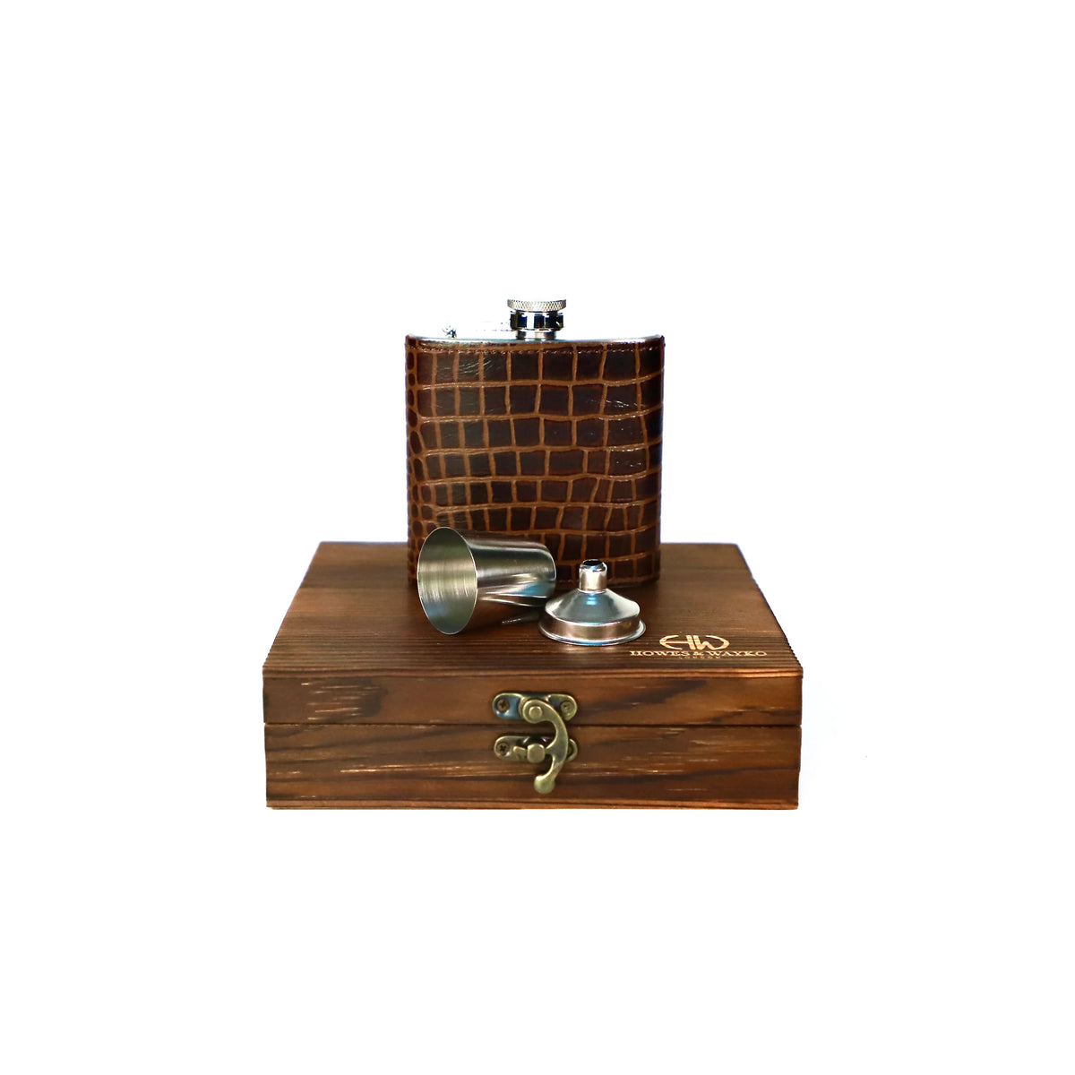 Brown crocodile-patterned flask with a wooden box on a white background
