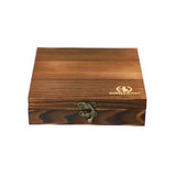 Wooden box with  Howes and Wayko logo and decorative clasp on a white background