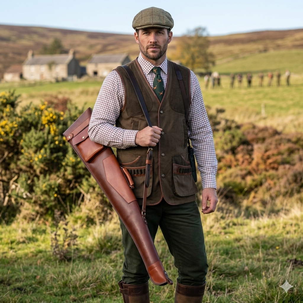 A man in traditional hunting attire with a Papaya leather range slip in a countryside setting