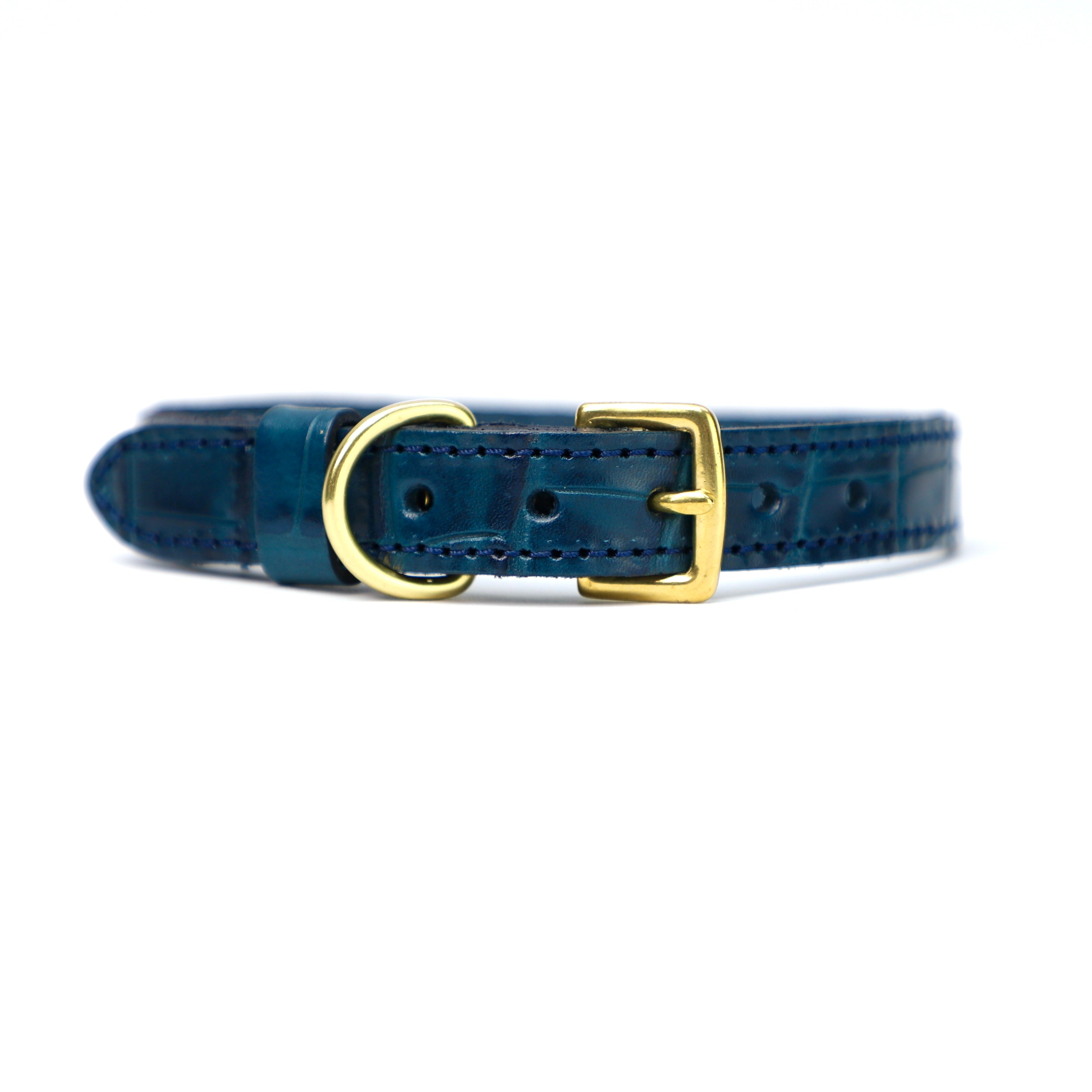 blue moc crocodile leather finish dog collar reverse buckle