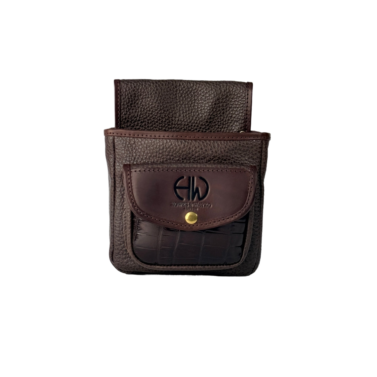 Brown leather pouch with Howes and Wayko logo, gold snap on a white background