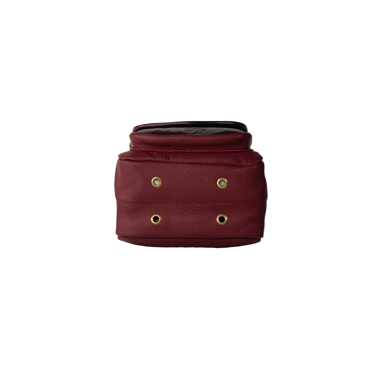 Maroon leather pouch, showing the bottom with gold studs on a white background