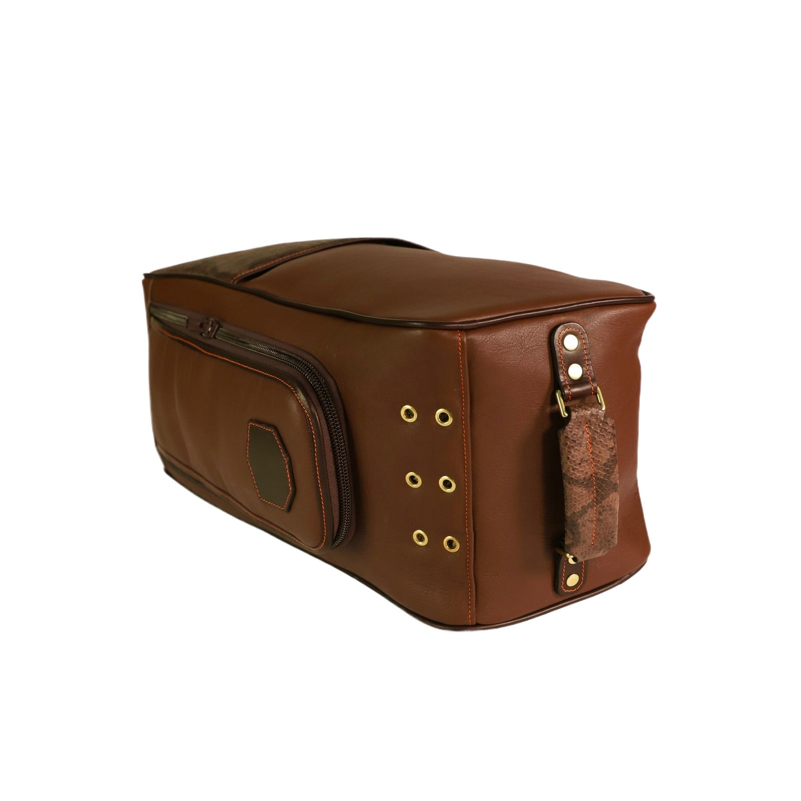Brown leather boot bag with gold accents on a white background side down view