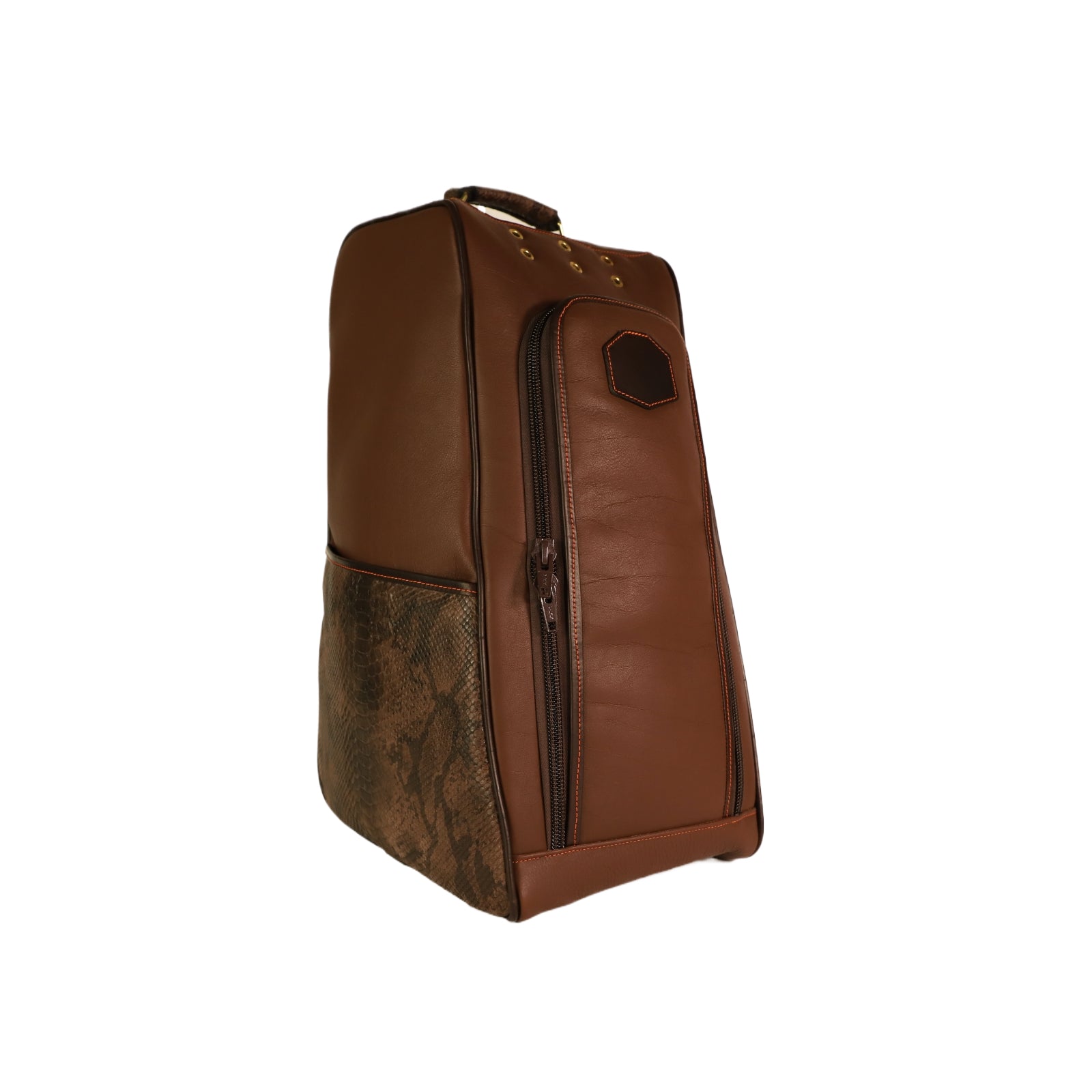 Brown leather boot bag with a closed zipper on a white background upright view