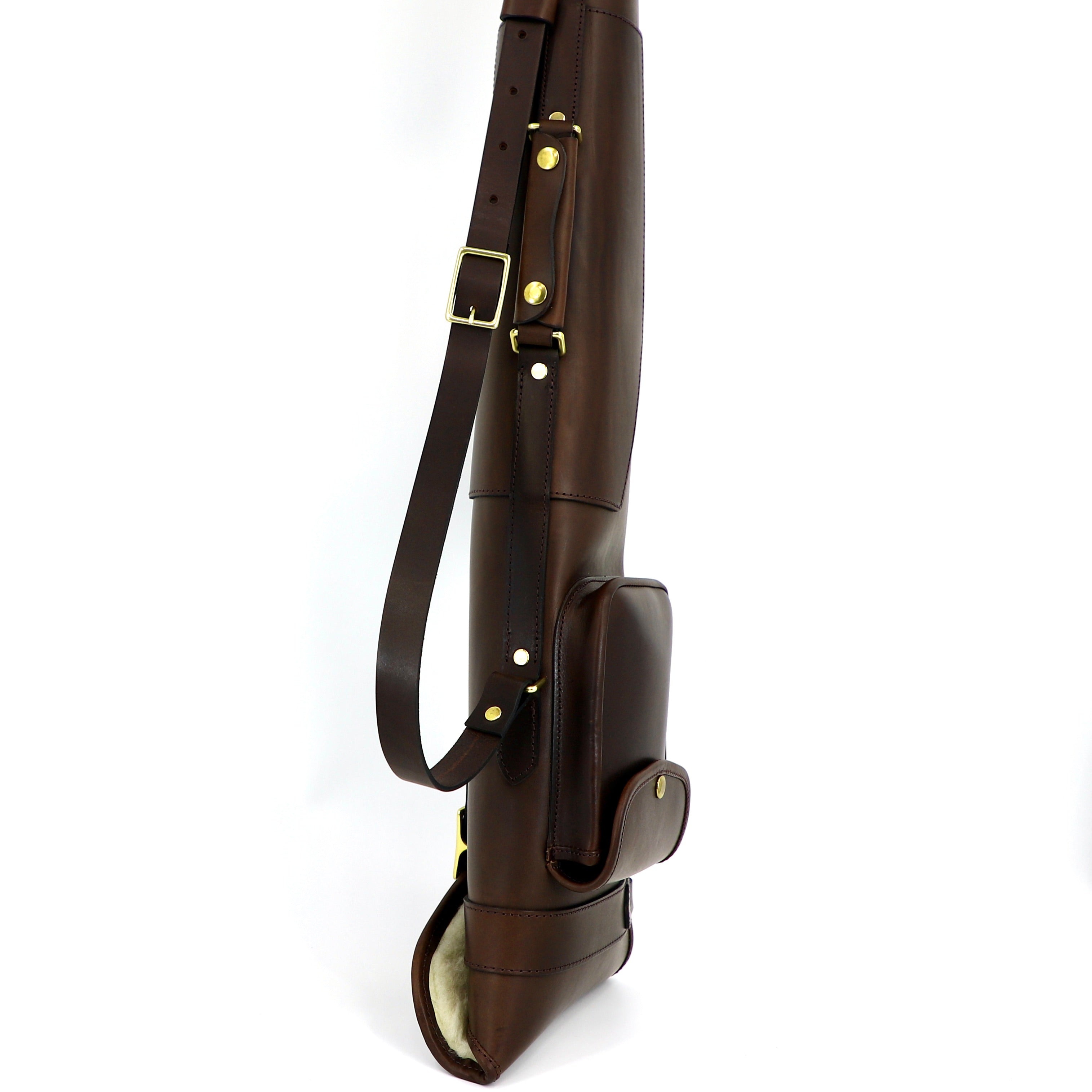 chocolate brown vegetable-tanned leather gunslip top view of handle and pouch