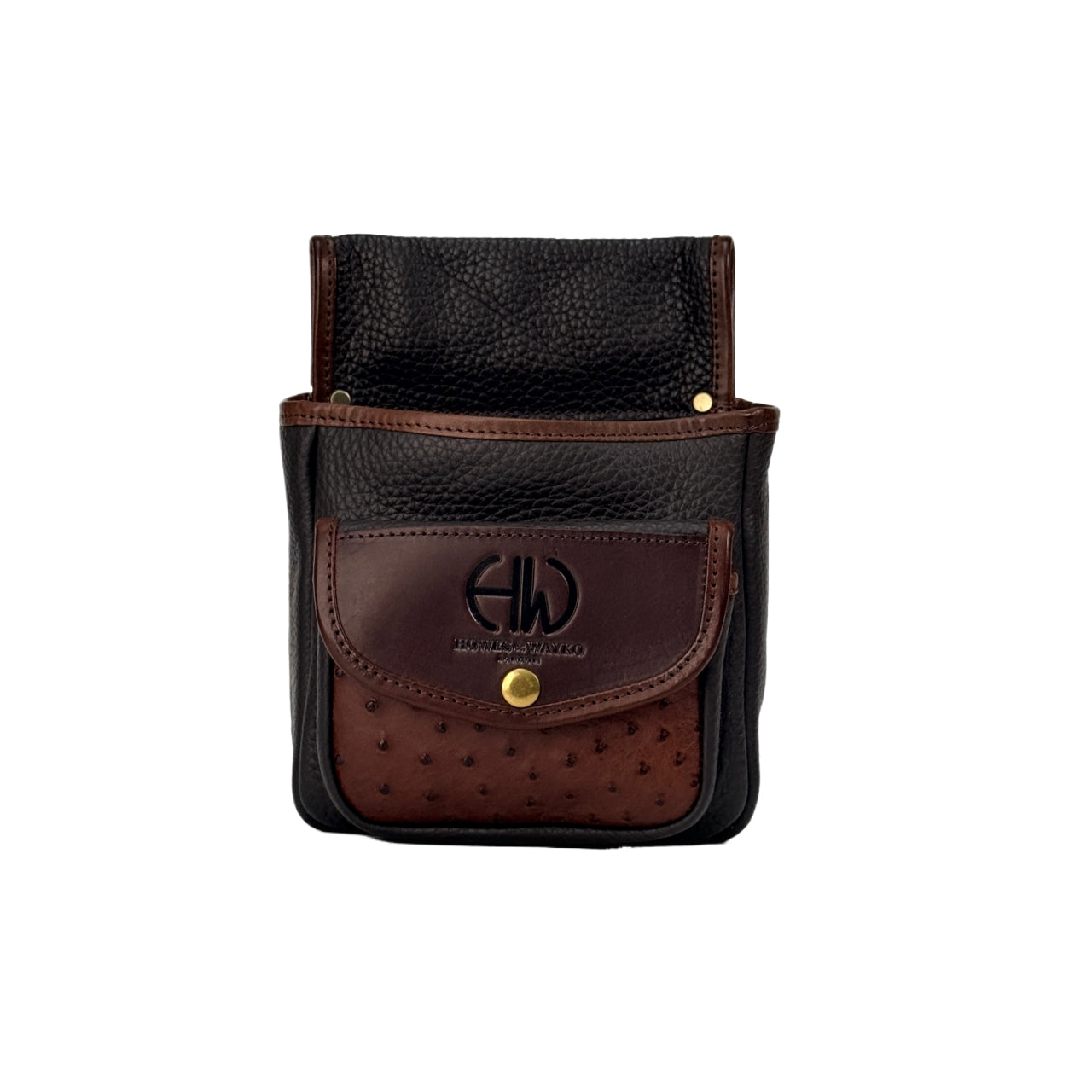 A small leather pouch with a brown textured leather top, a dark brown flap pocket with a gold snap button and embossed logo, and a brown ostrich-textured leather lower section, shown on a plain white background.