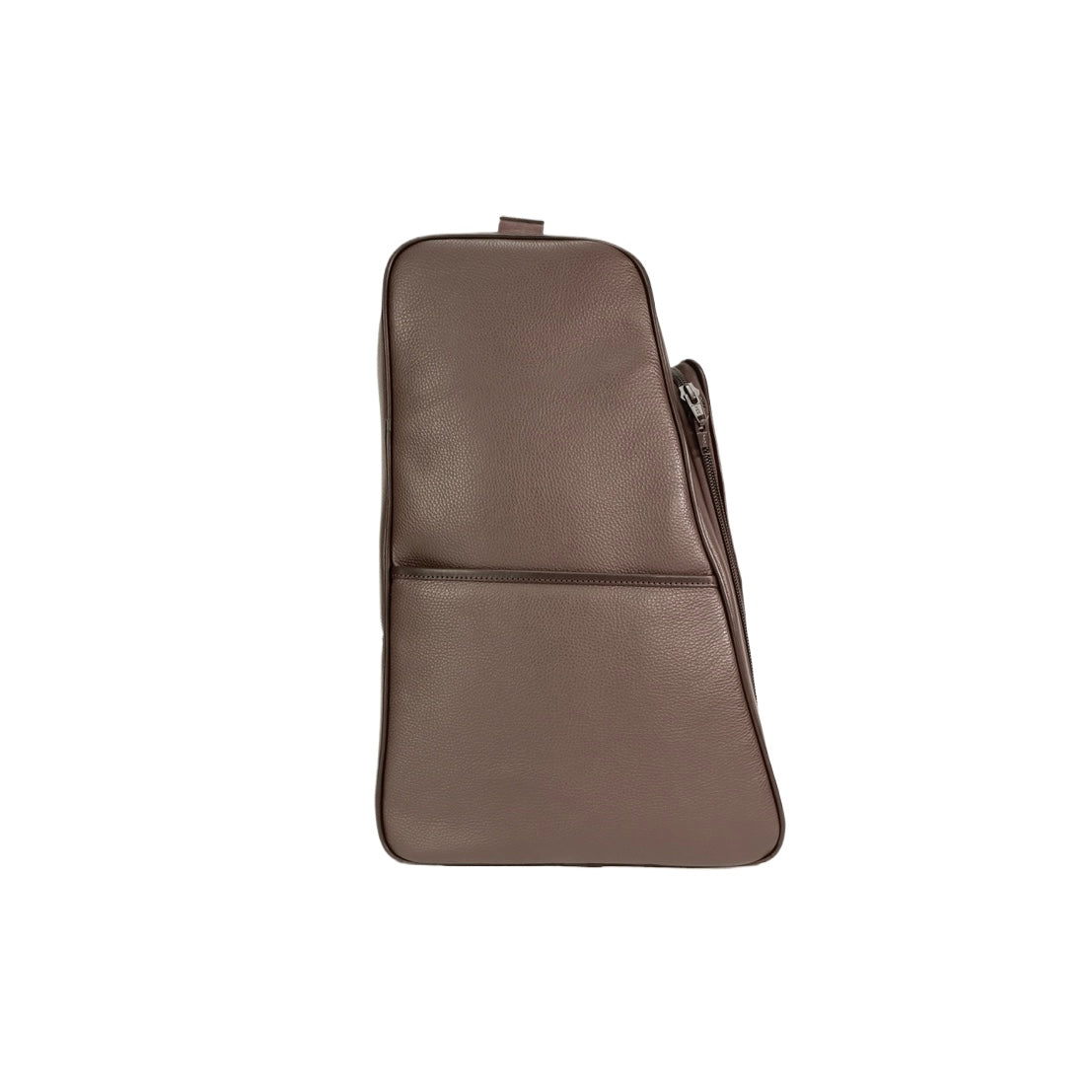 Brown leather boot bag with a tapered shape, pebbled finish, and a full-length side zip, shown upright against a white background.