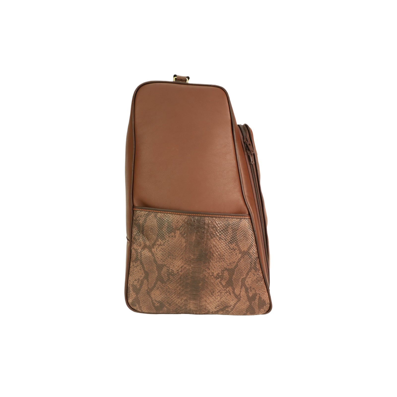 Brown leather boot bag with a smooth upper section, snake-effect leather front pocket, and a full-length side zip, shown upright against a white background.