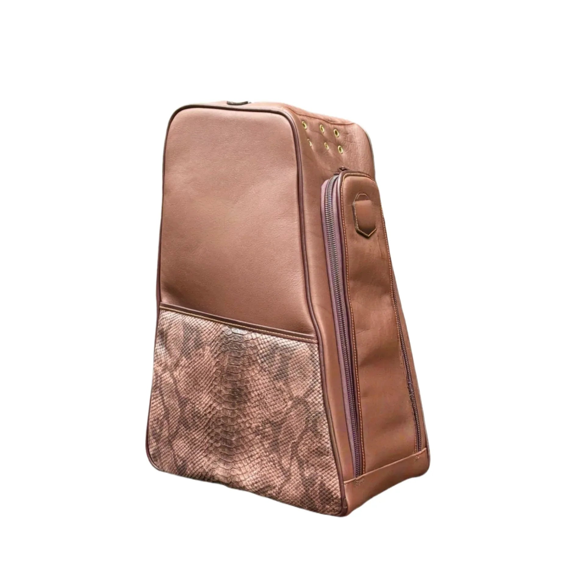 Brown leather boot bag with snake print panel on the bocket on a white background
