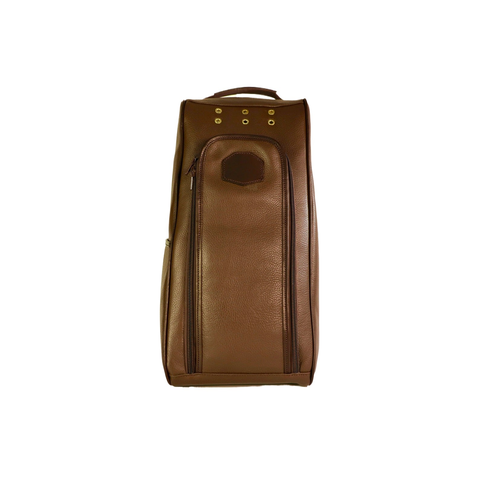 Brown leather boot bag on a white background front view