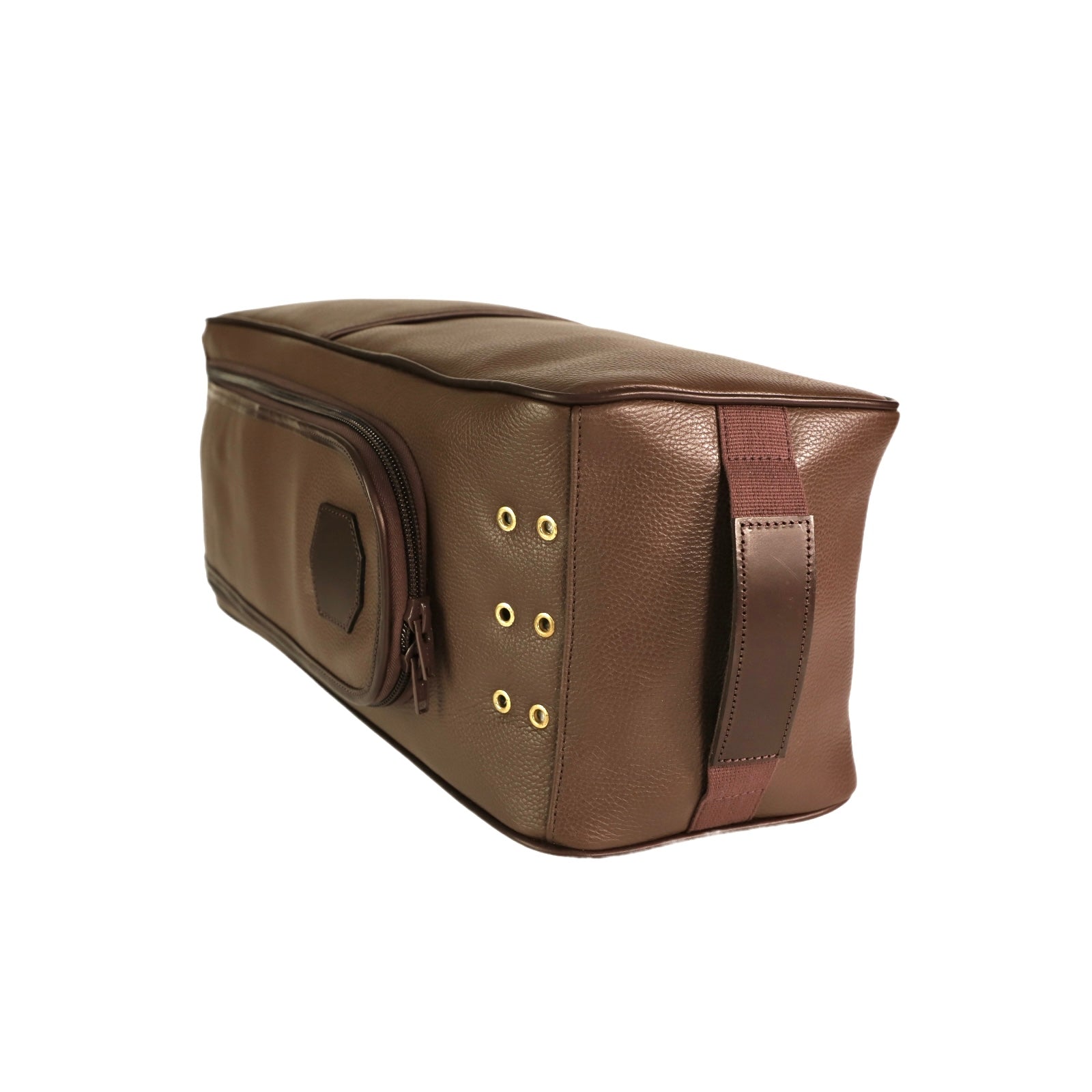 Brown leather boot bag with gold accents on a white background