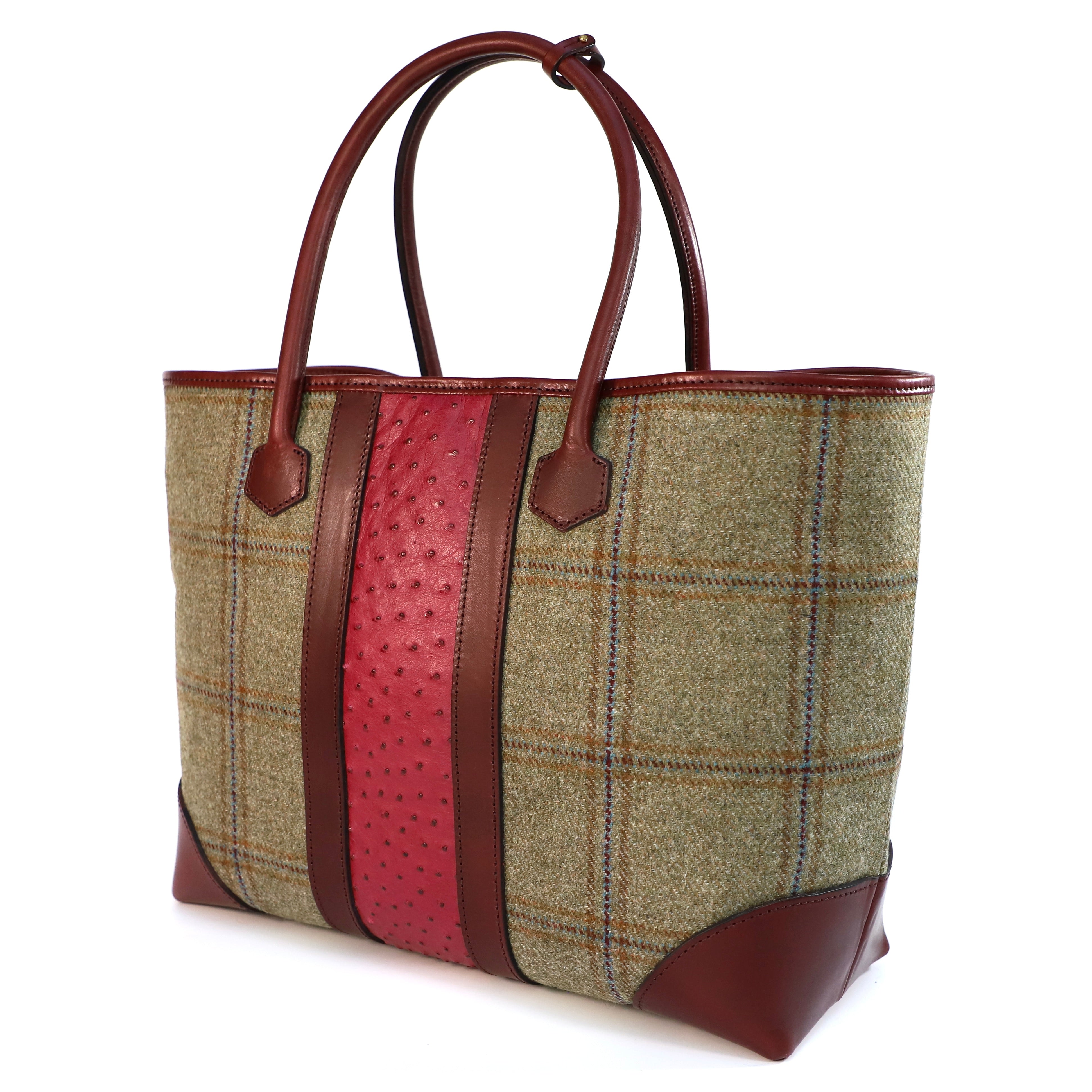 Tweed handbag with burgundy Ostrich accents on a white background