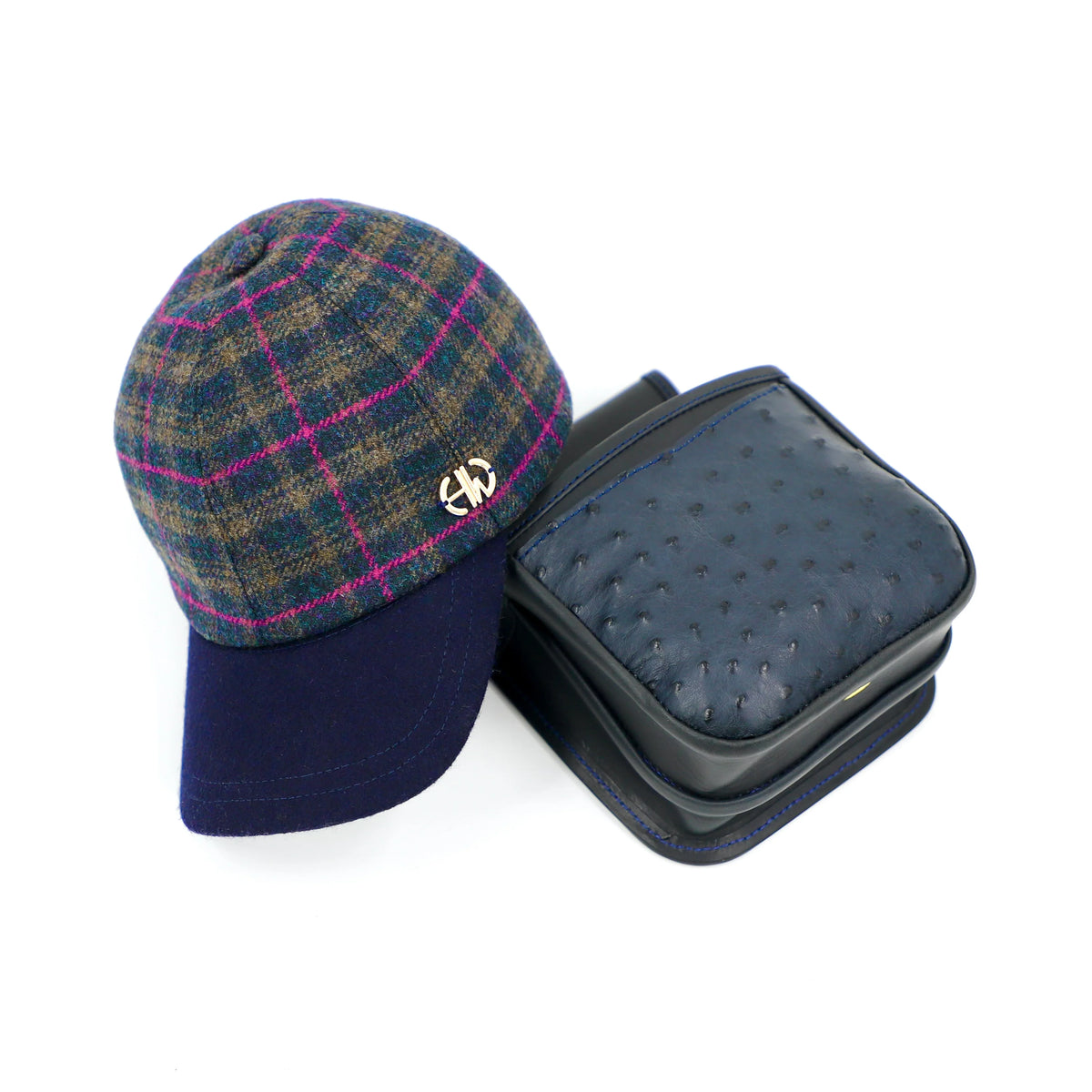 ostrich blue and pink baseball cap and cartridge pouch