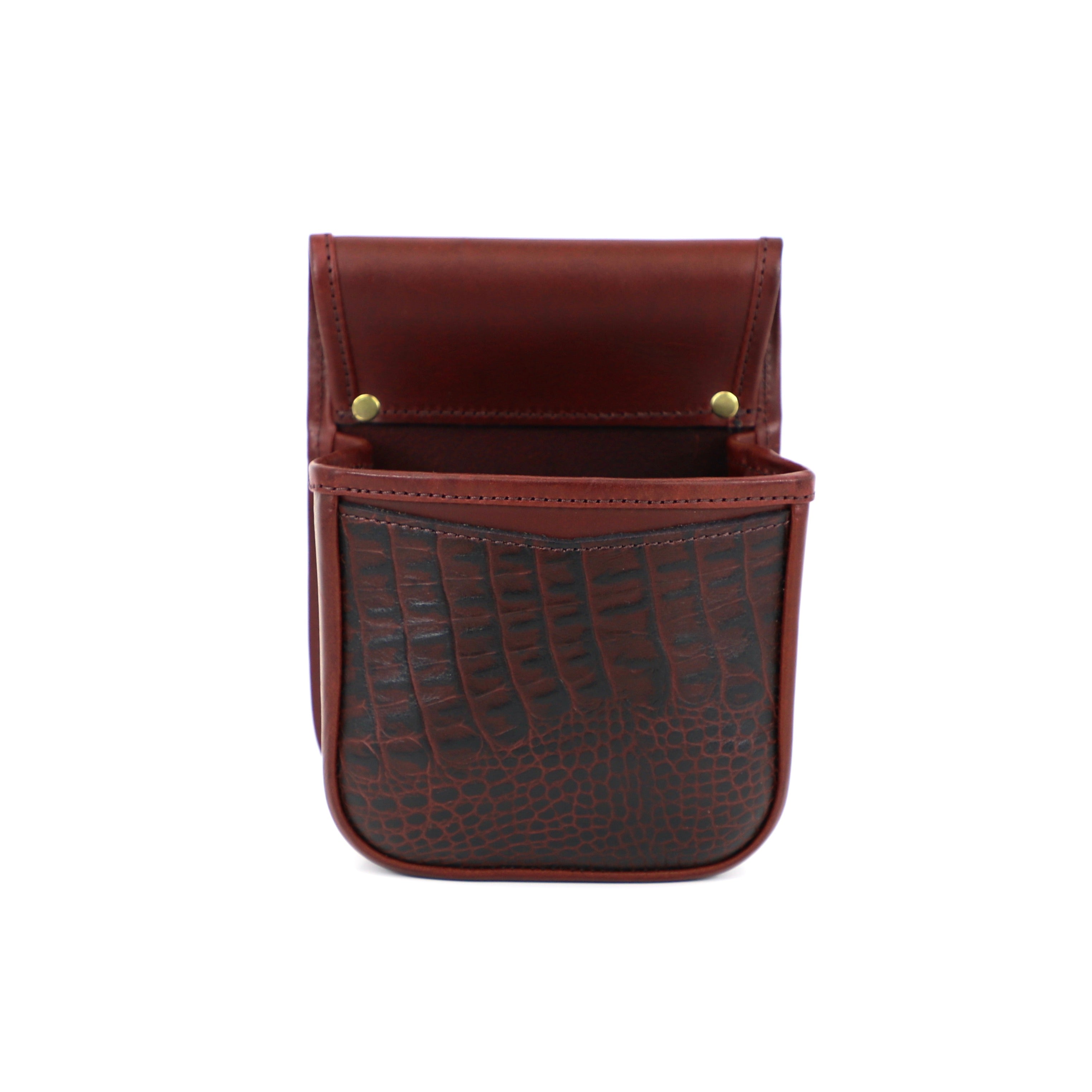 mock-crocodile leather finish burgundy cartridge pouch with open display