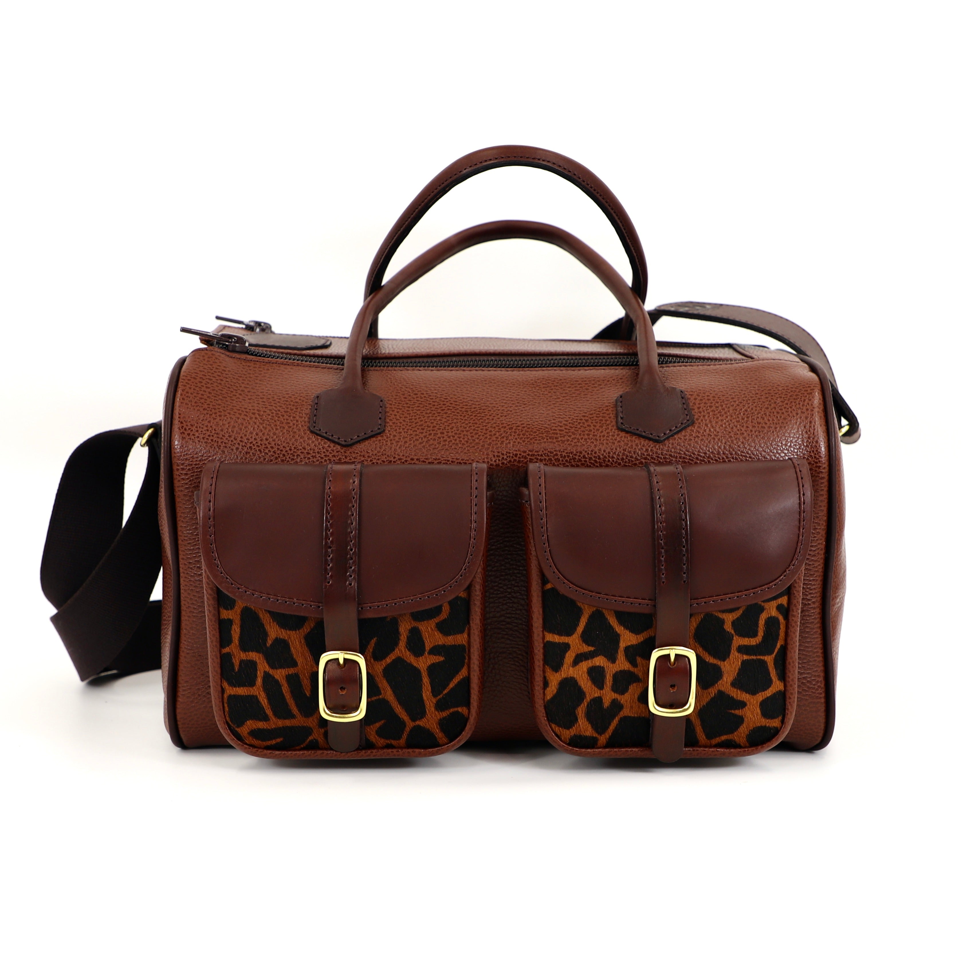 caramel brown leather range back with cheetah style front pockets