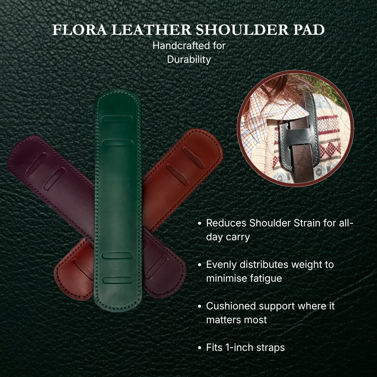 Flora leather shoulder pad with green and red straps on a dark textured background.