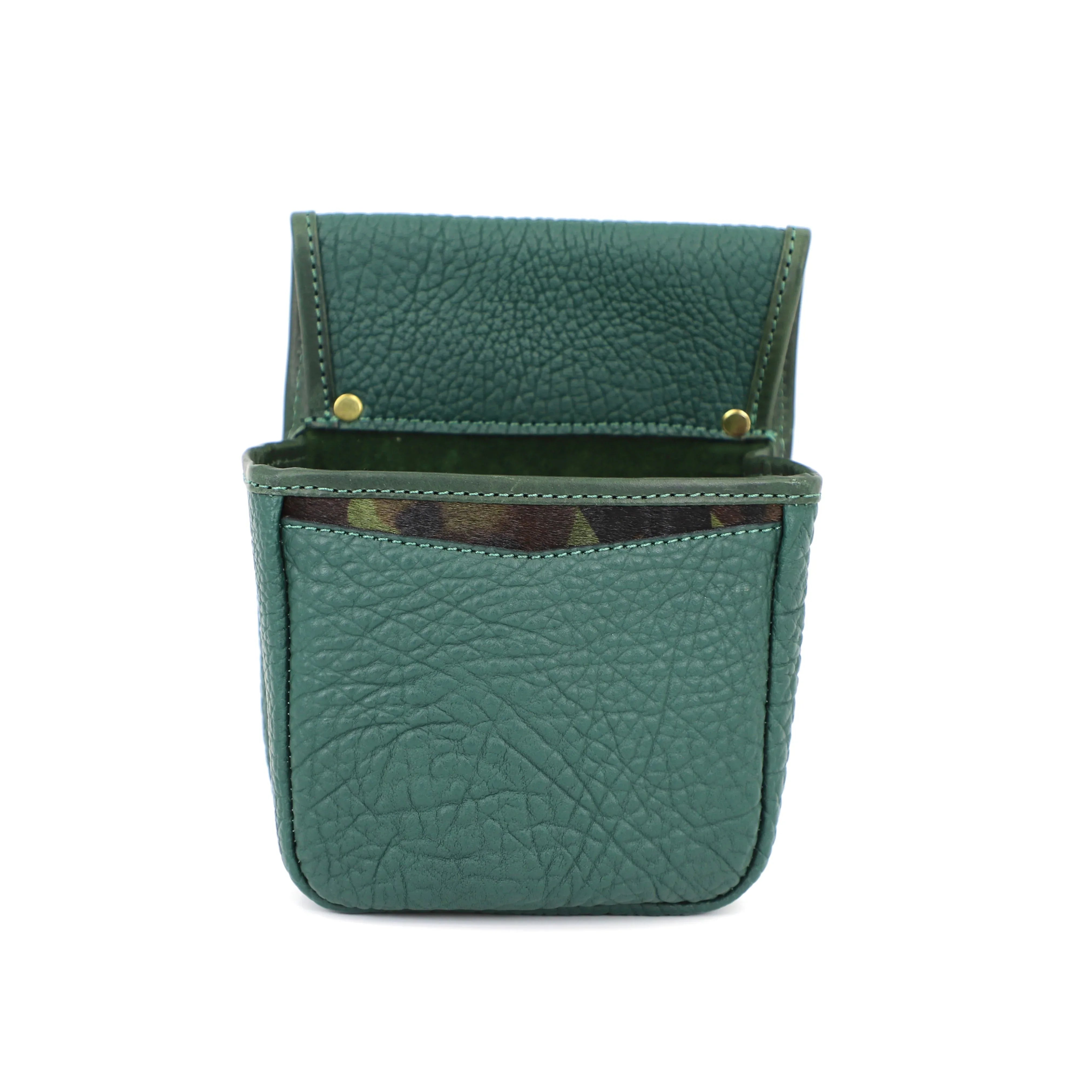 Green leather pouch with a camouflage interior on a white background