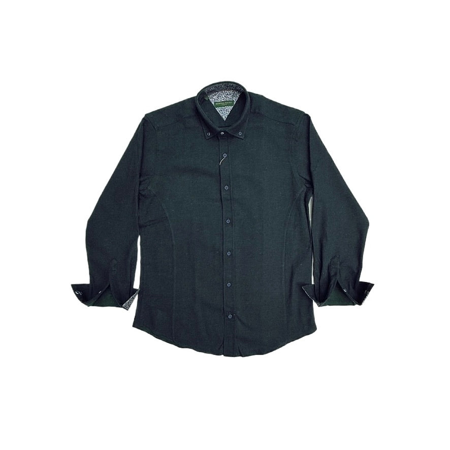 Maple men's dark green cotton long-sleeve button-down shirt laid flat on a white background