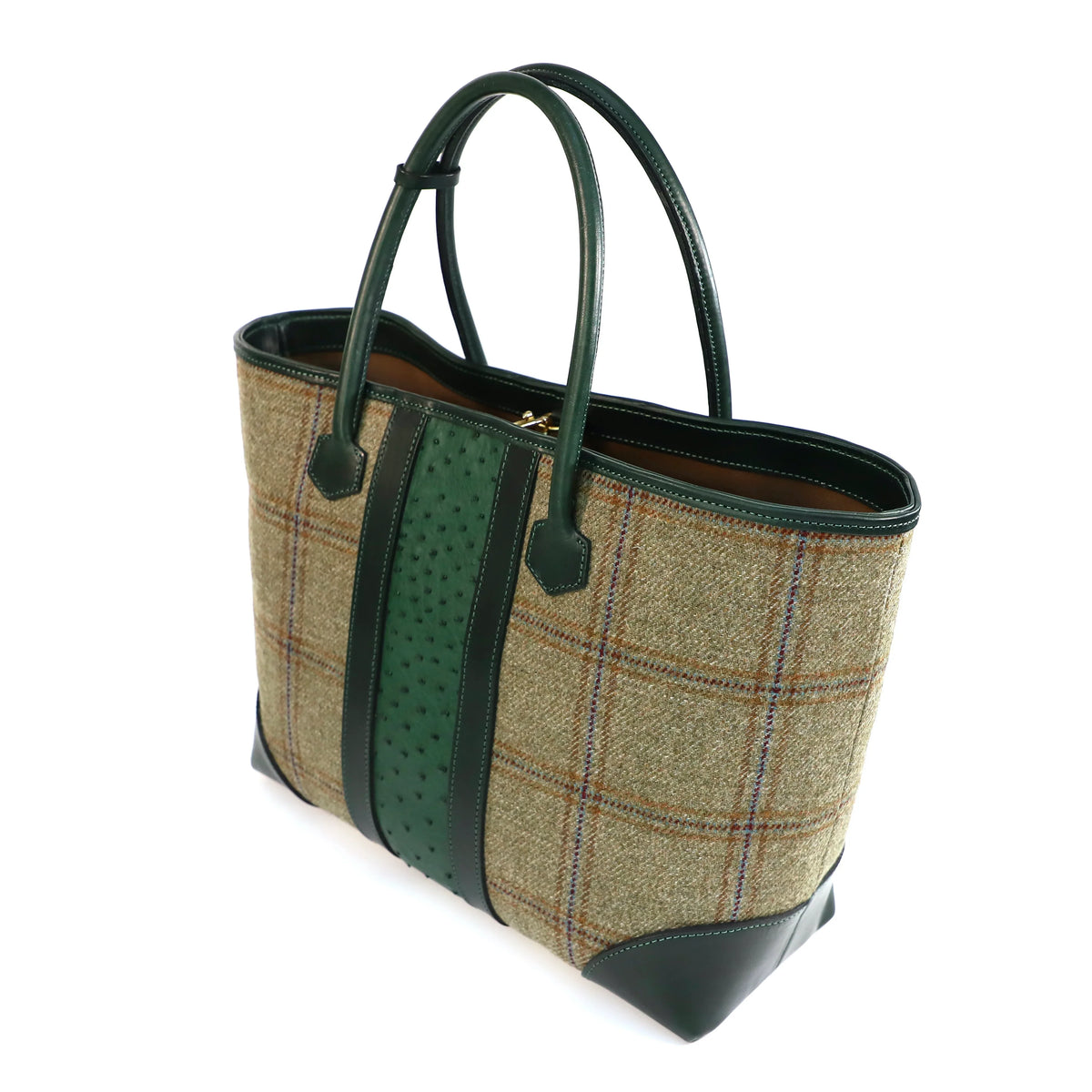 Handbag with plaid pattern and green Ostrich accents on a white background