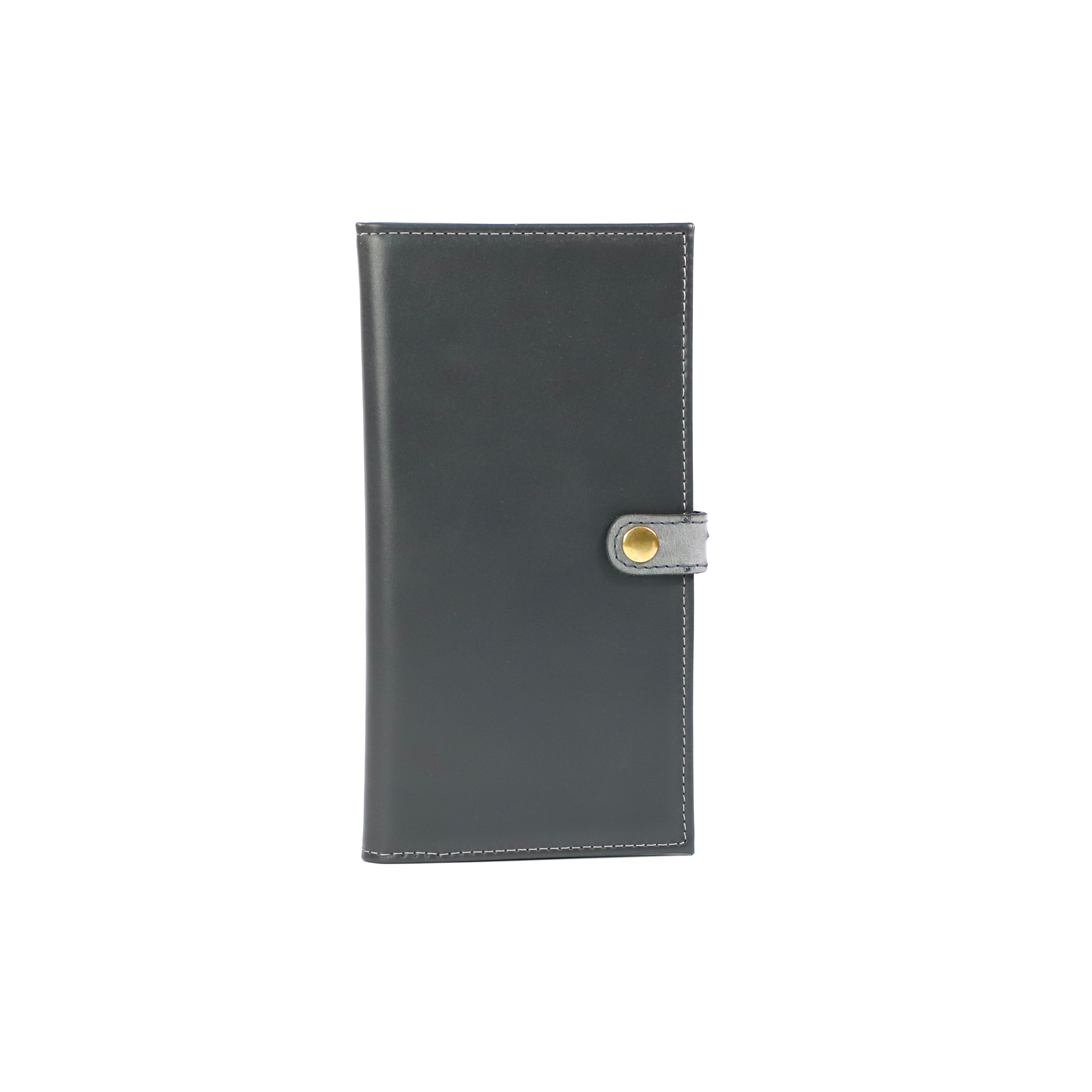 Grey double leather certificate wallet with a grey Ostrich clasp and a gold fastener  on a white background