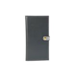 Grey double leather certificate wallet with a grey Ostrich clasp and a gold fastener  on a white background