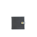 Grey leather single certificate wallet with a Ostrich leather clasp and bronze fastening on a white background