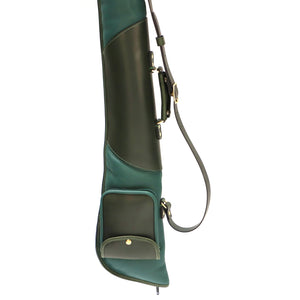 gun slip in pine green with soft and hard leather. upright green gun slip on white background