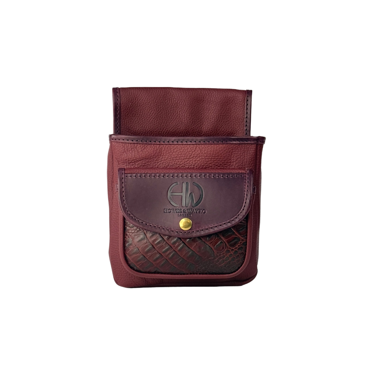 burgundy leather pouch with a Howes and Wayko logo on a white background 