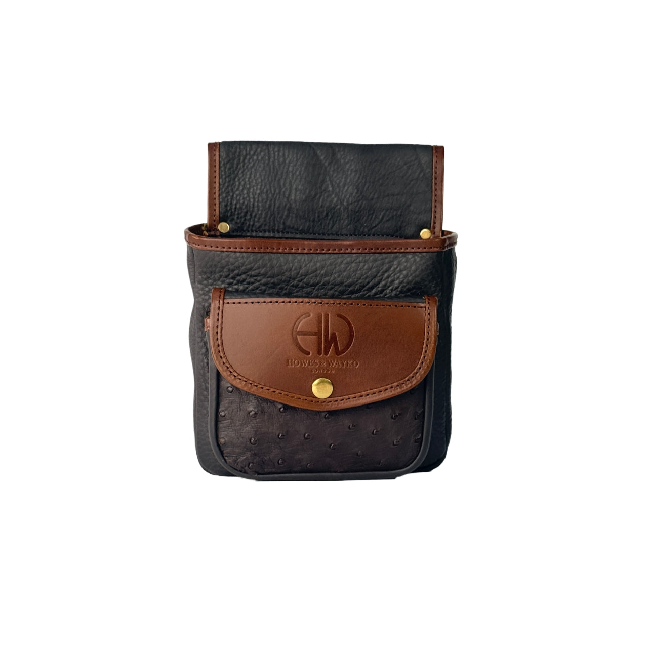Small dark brown leather pouch with a light brown flap on a white background