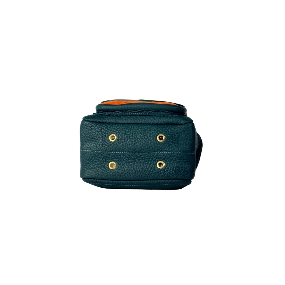 Teal leather pouch, bottom view with gold buckle on a white background