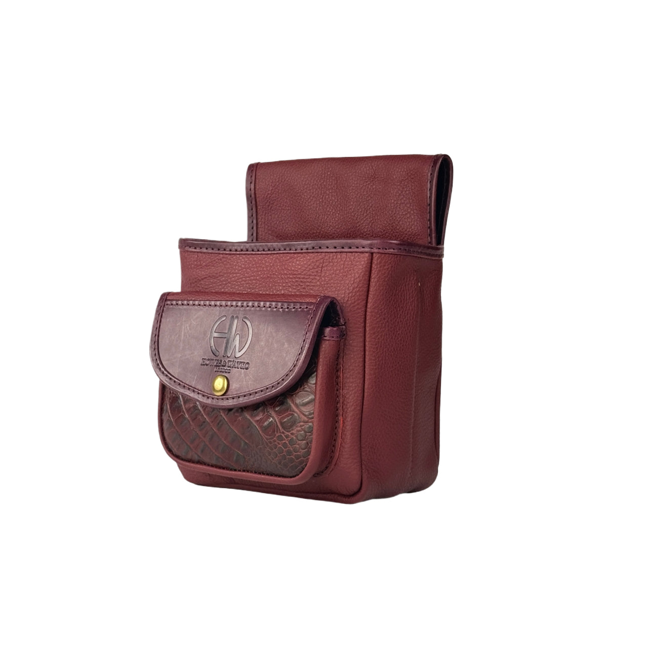 Burgundy  leather pouch with a moc-croc  pocket  on a white background