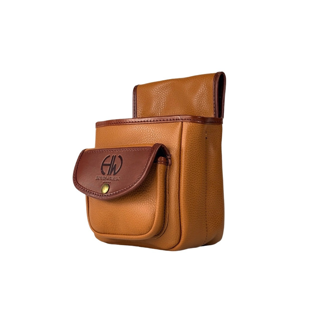 Tan leather pouch with a cognac leather flap, visibleHowes and Wayko  logo on a white background